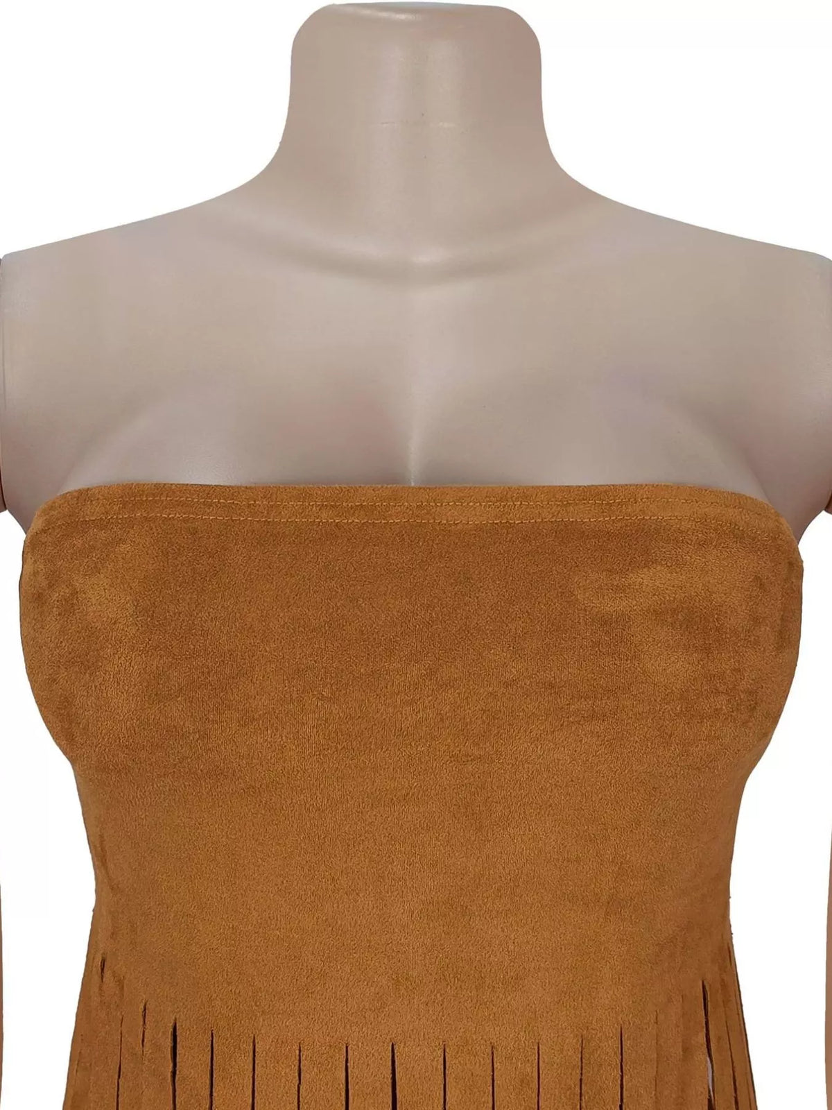 Brown strapless top with fringe details on a mannequin against a white background