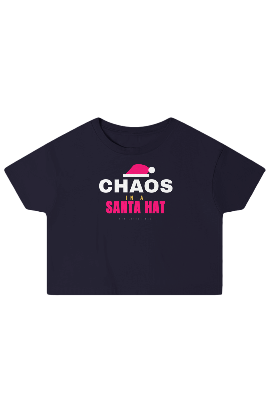 Navy Blazer boxy crop top with a pink Santa hat above Chaos in white caps