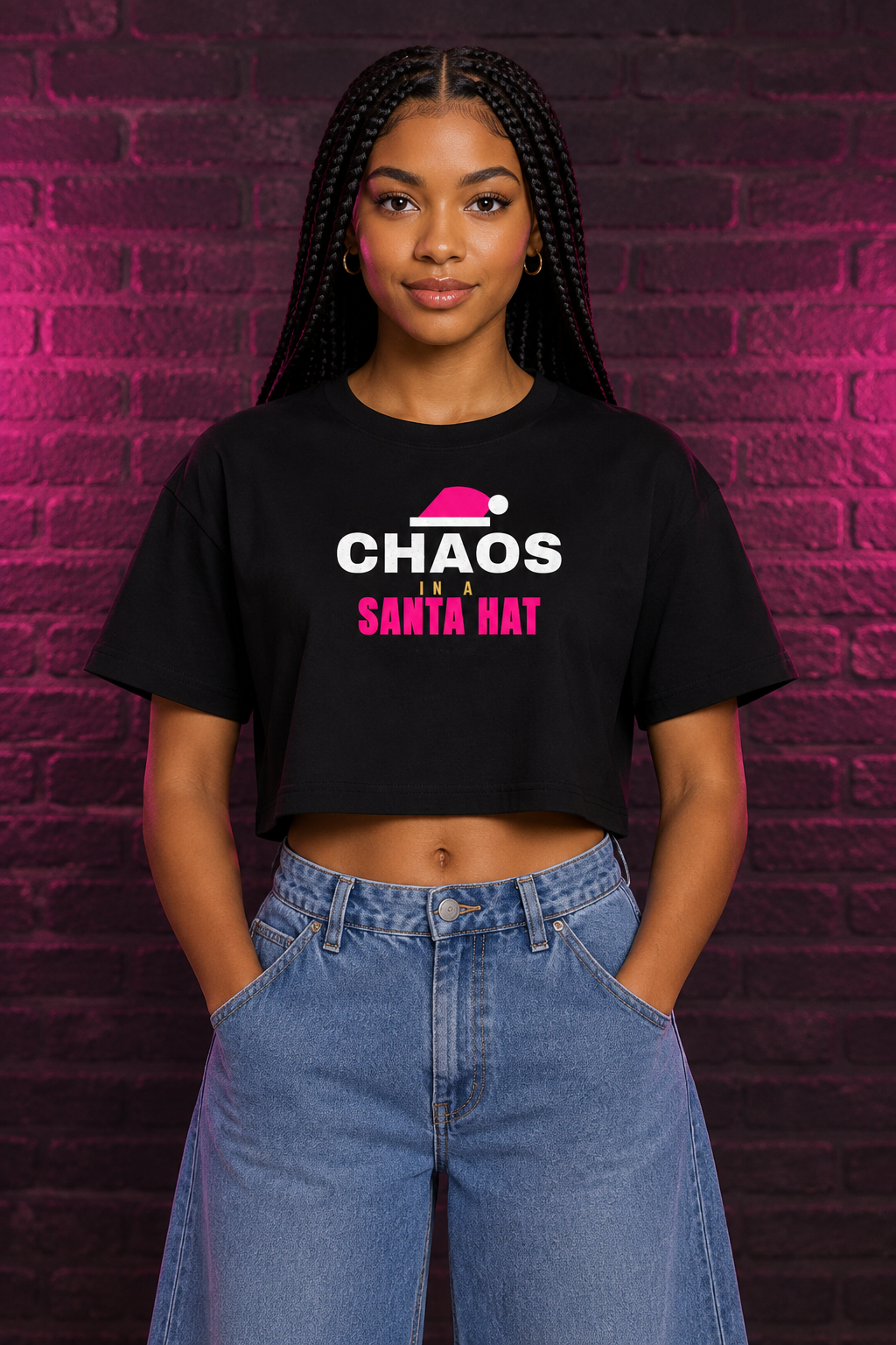 Woman with box braids in the black Chaos Santa Hat crop top, brick wall