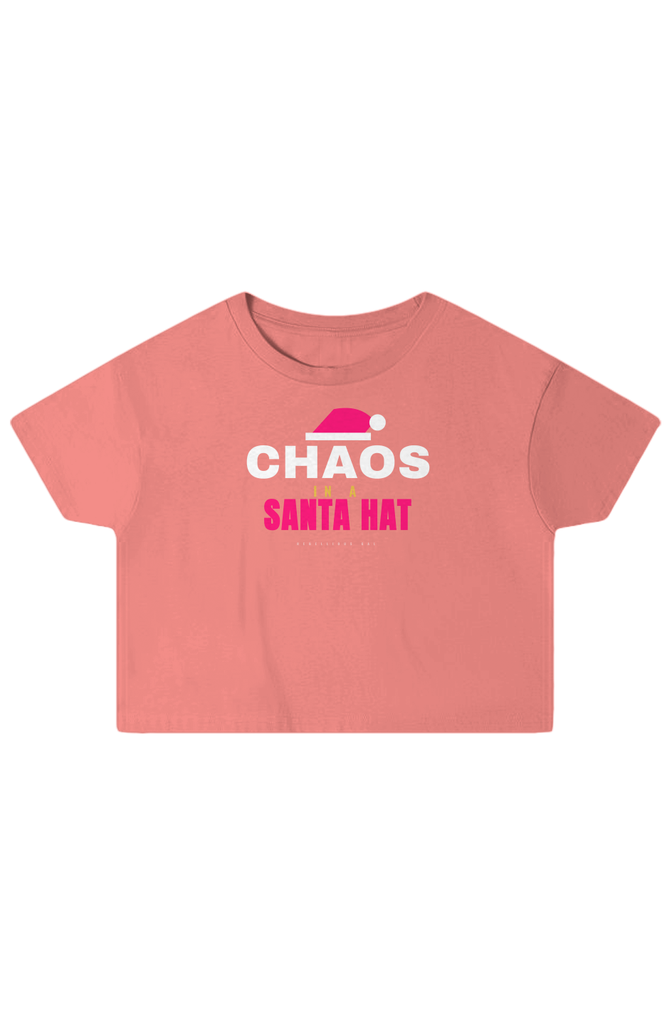 Red Sorbet boxy crop top with a pink Santa hat above Chaos in white caps
