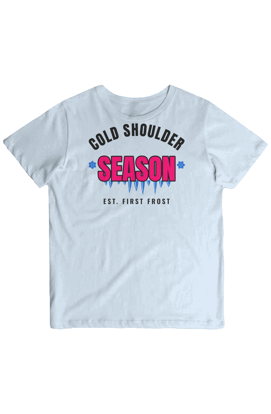 Blue Fog crew neck tee with varsity Cold Shoulder Season lettering and blue icicles