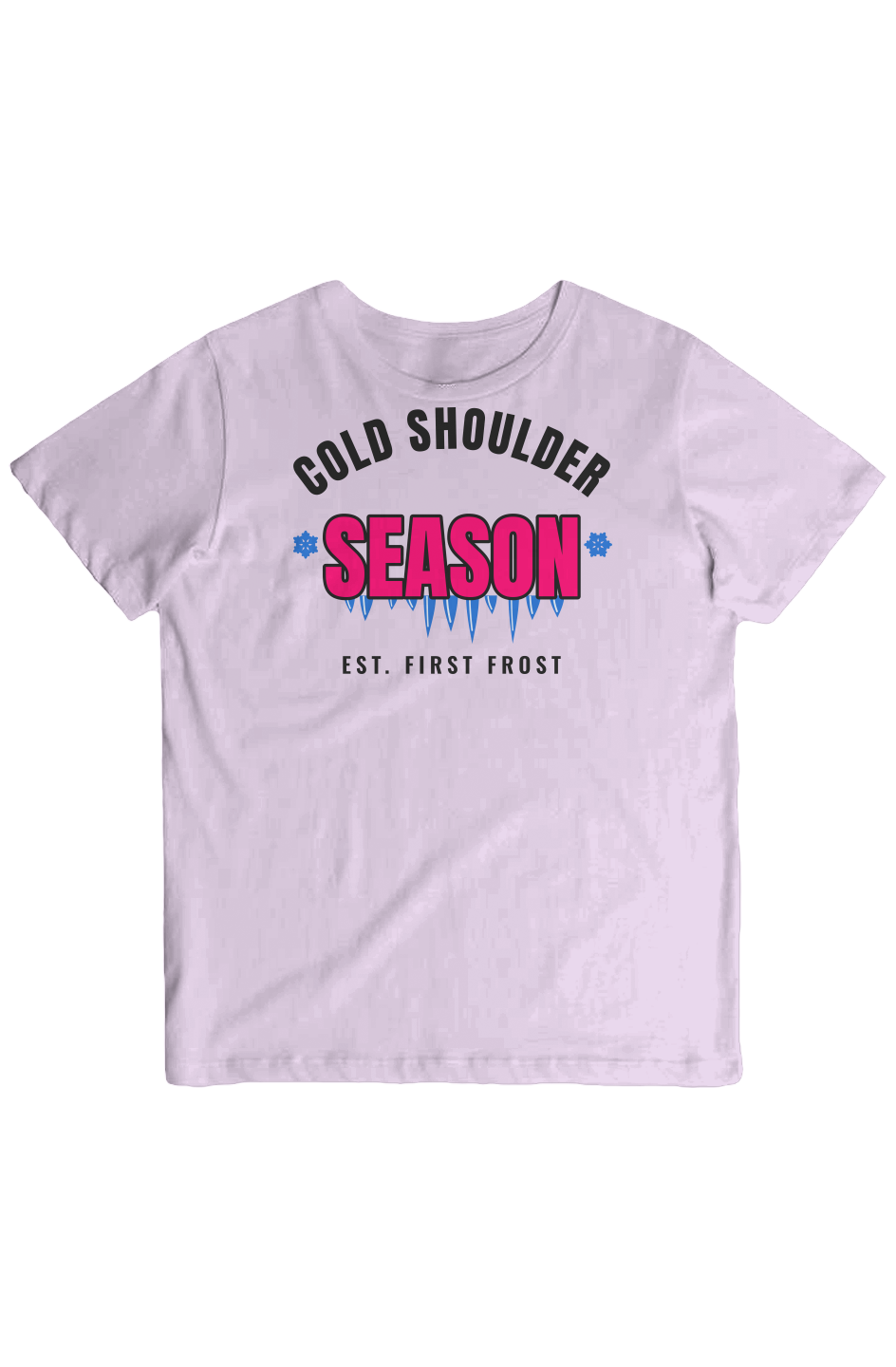 Lavender crew neck tee with varsity Cold Shoulder Season lettering and blue icicles