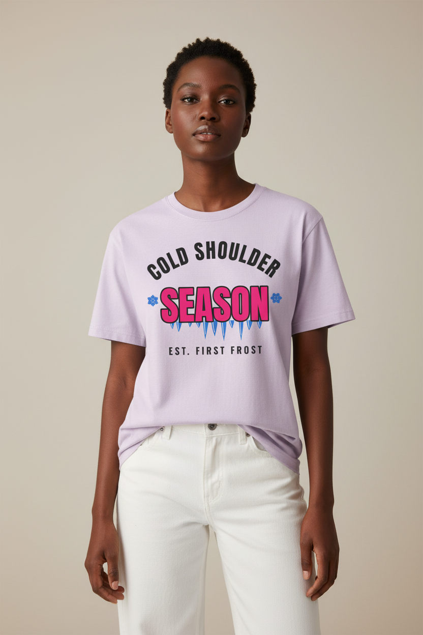 Woman with short twists in the lavender Cold Shoulder Season tee, beige backdrop