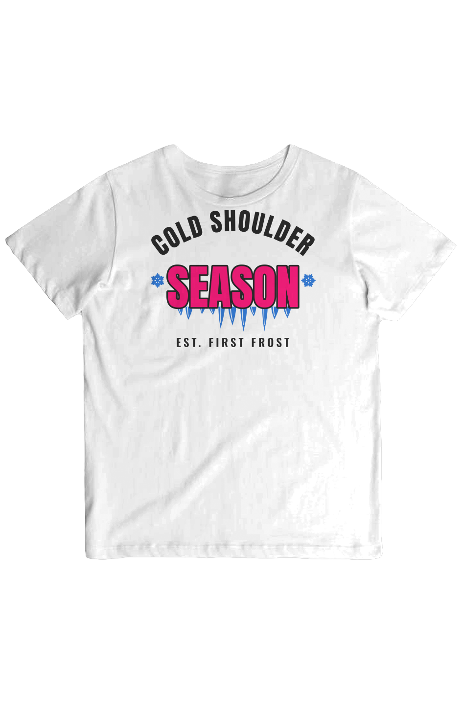White crew neck tee with varsity Cold Shoulder Season lettering and blue icicles