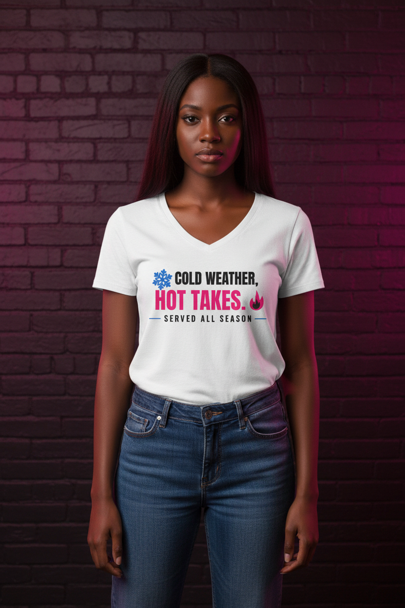 Woman with long dark hair in the white Cold Weather Hot Takes V-neck, brick wall