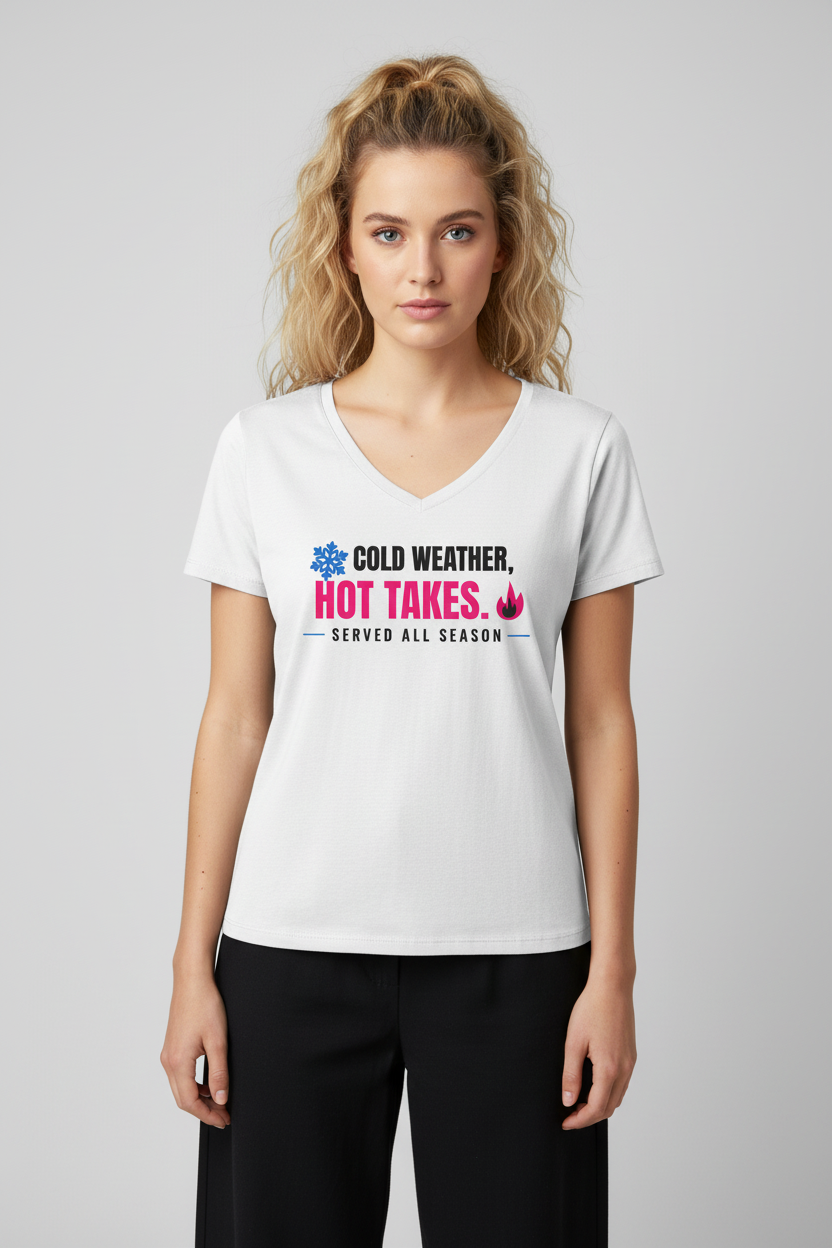 Woman with wavy blonde hair in the white Cold Weather Hot Takes V-neck, studio backdrop