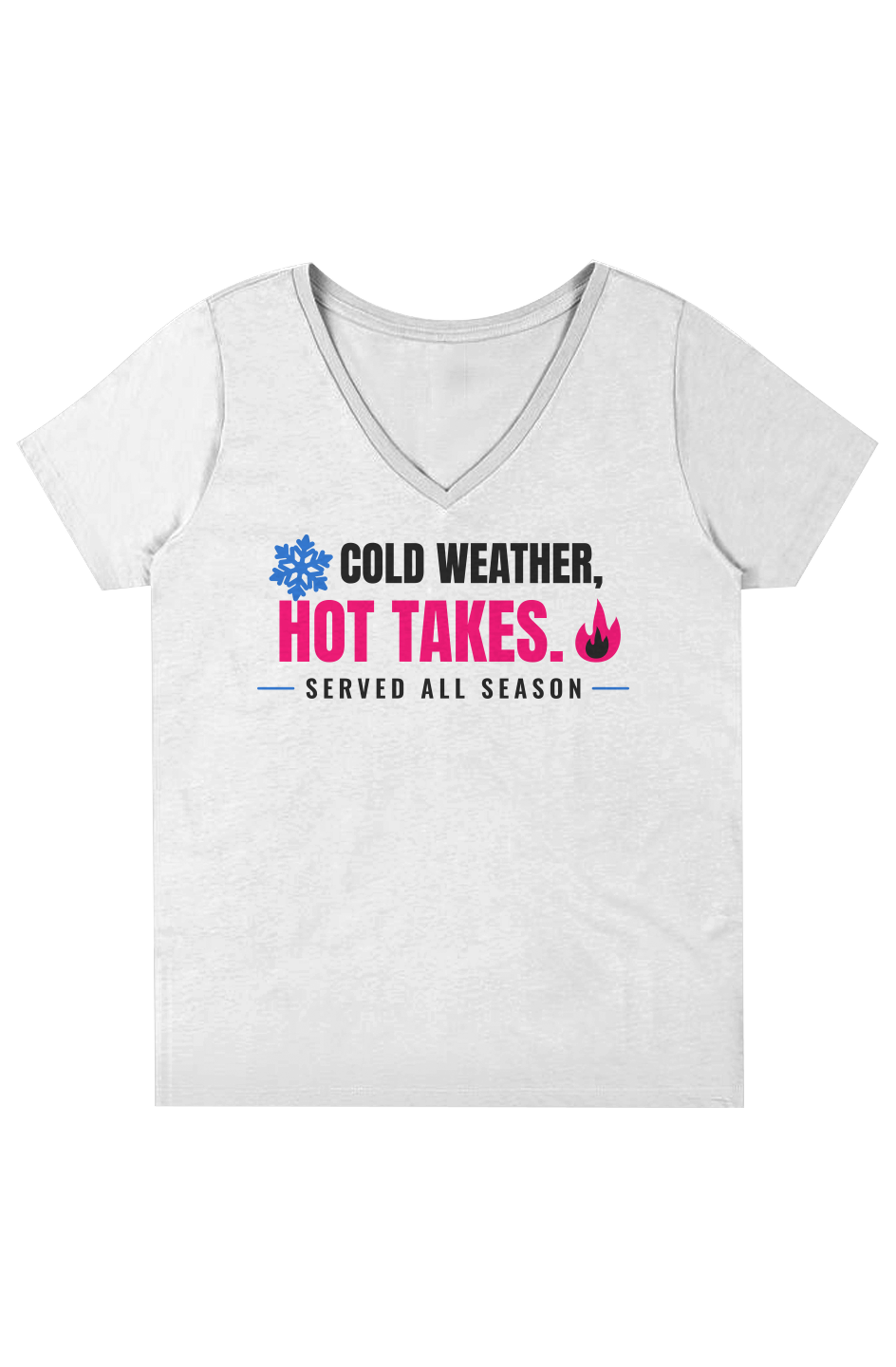 White V-neck tee printed Cold Weather, Hot Takes with a snowflake and flame