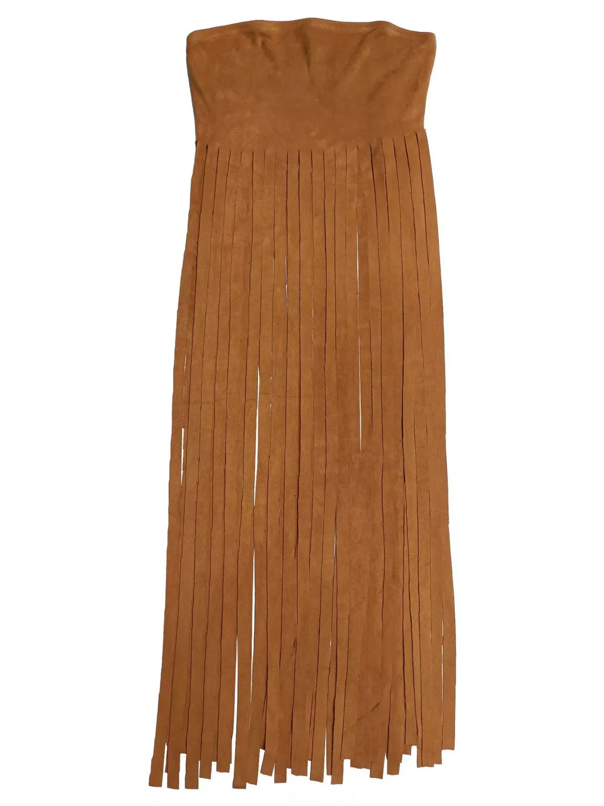 Brown strapless dress with fringe details on a white background