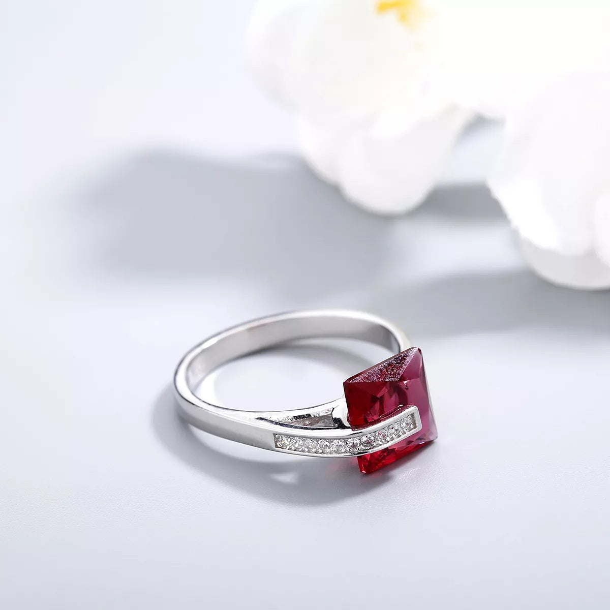 Platinum plated square zircon ring 925 sterling silver Rebellious Gal flat lay styling