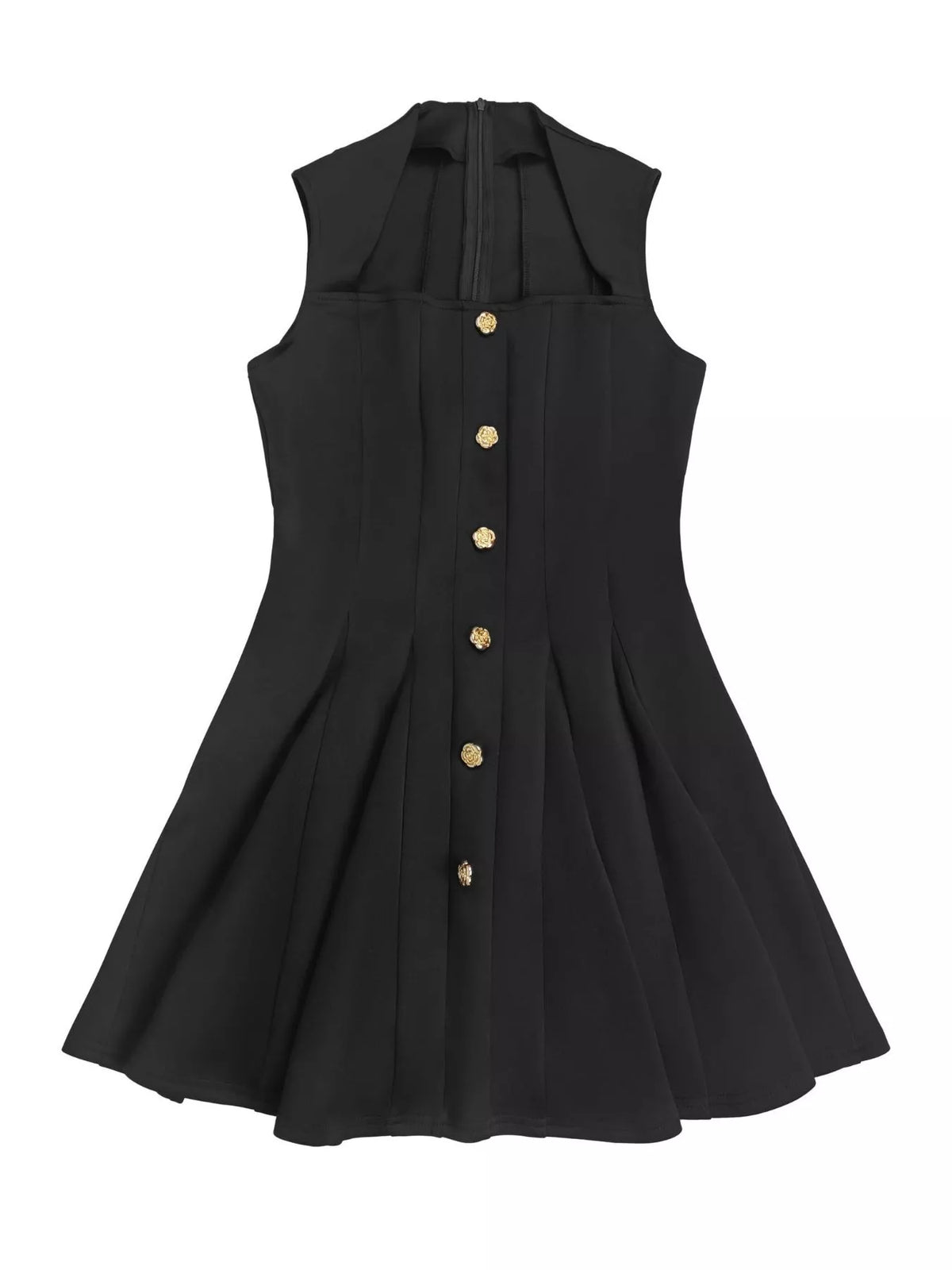 black midi dress flat on a white background