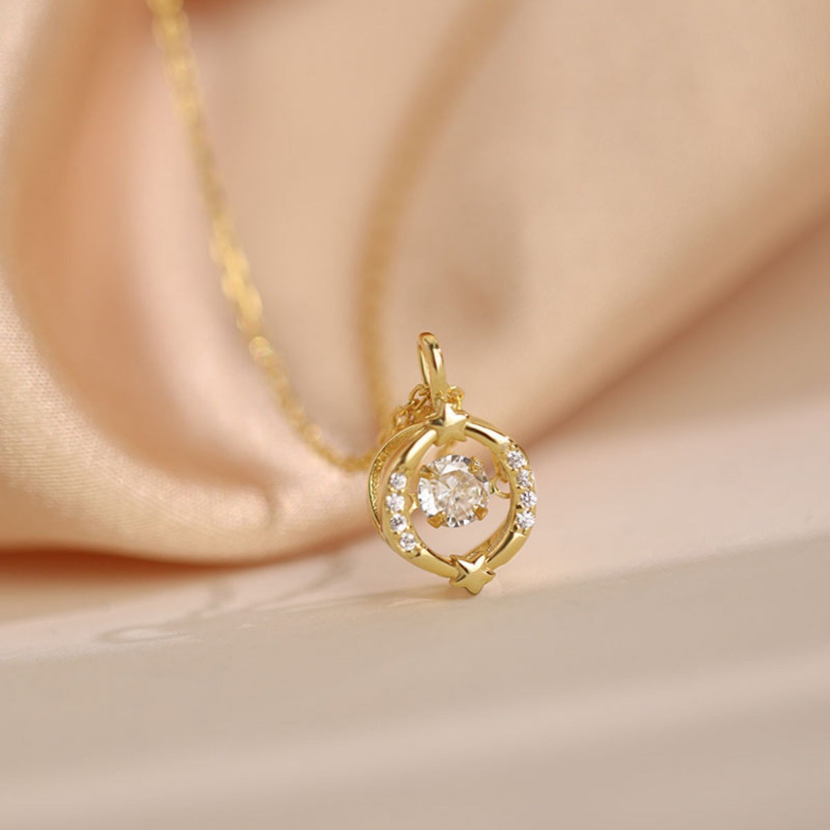 Close-up of 18K Gold-Plated Zircon Star Circle Pendant Necklace