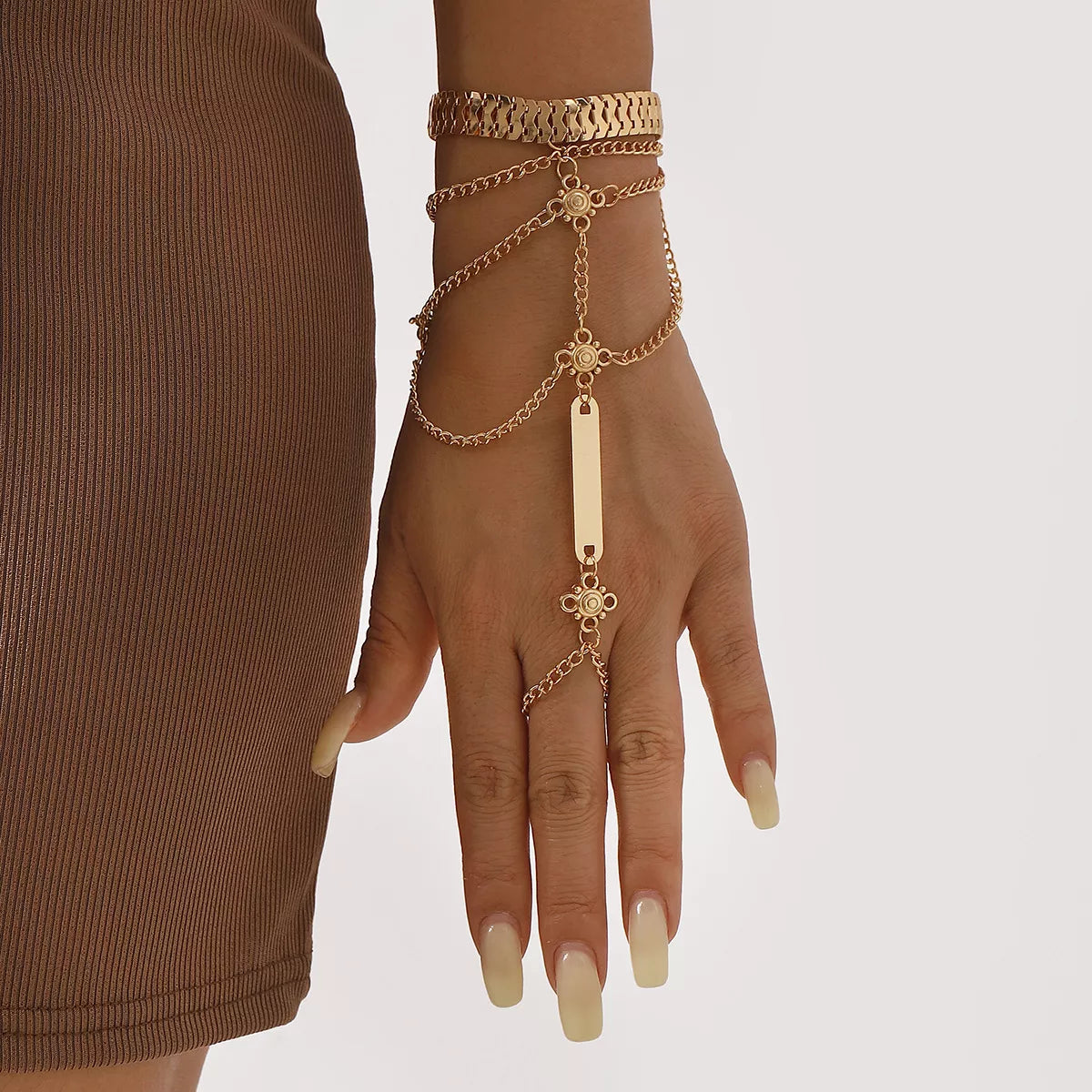 Side view gold plated multi layered chain bracelet with finger ring women trend