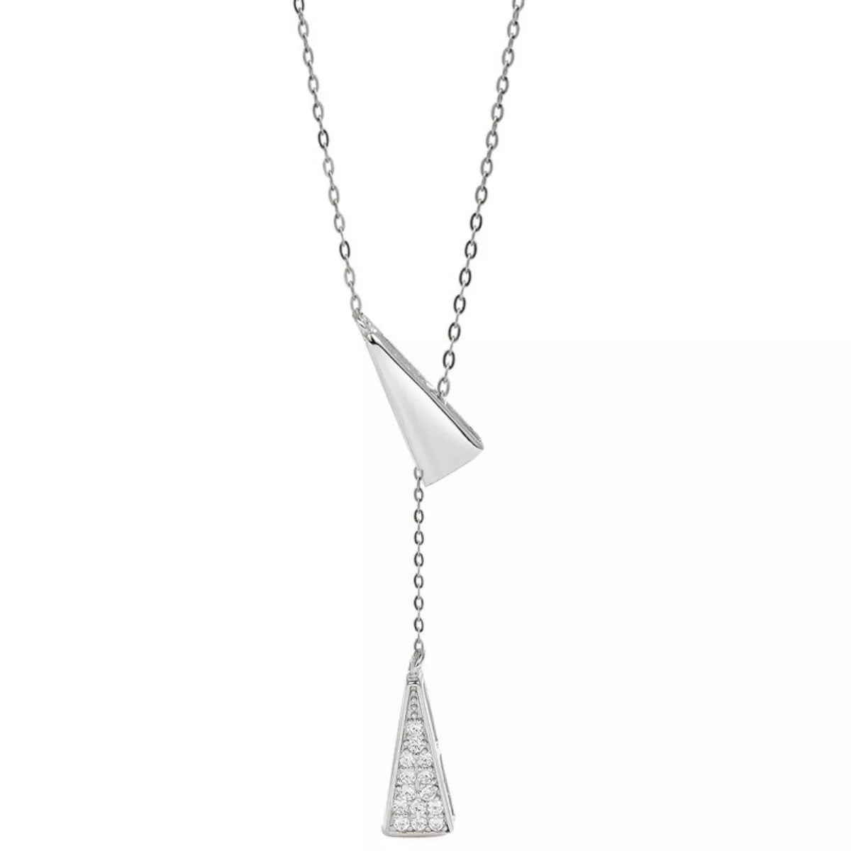 Silver necklace with a cone-shaped pendant on a white background
