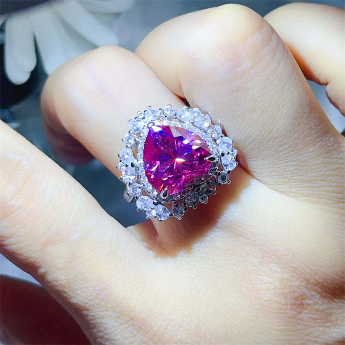 5 Carat Heart Shape Moissanate Ring on Ring Finger - Titanic Design Ring on Ring Finger - Rebellious Gal