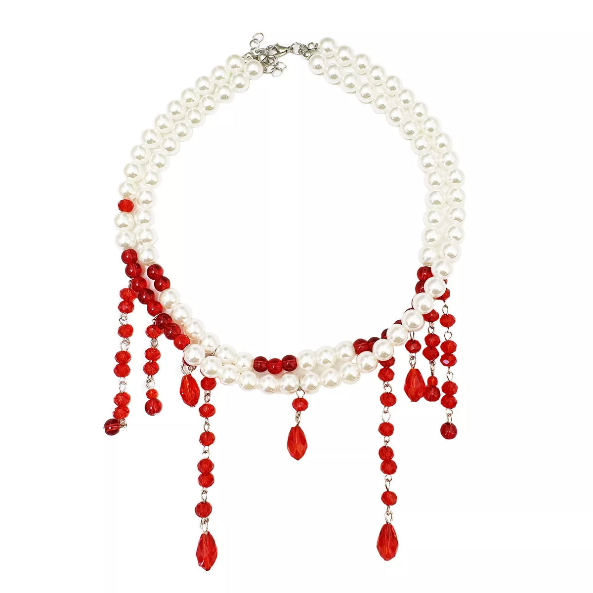 Double-strand pearl choker with red beaded drips ending in faceted teardrops