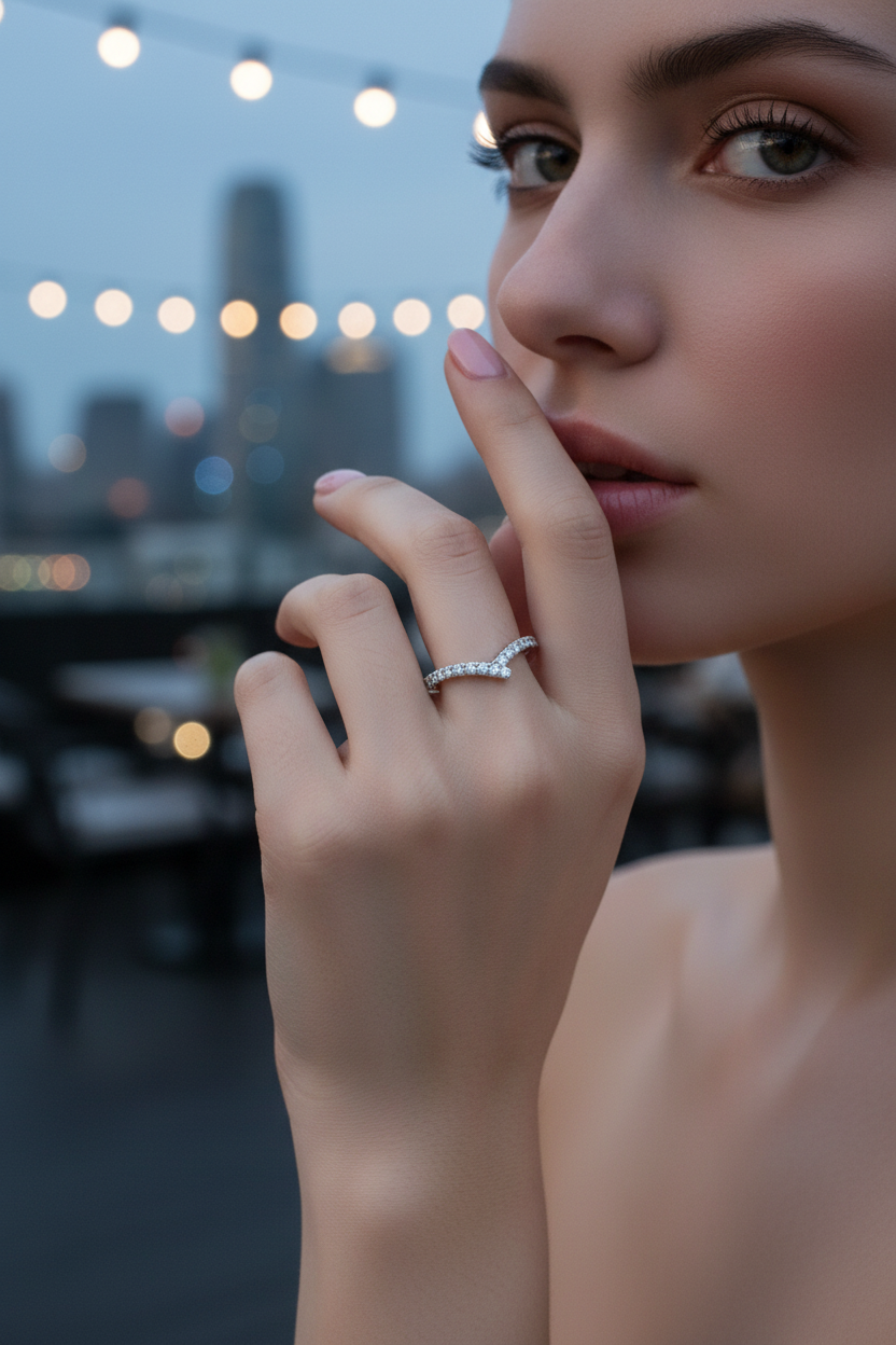 Rin on models finger on top of a roof top bar