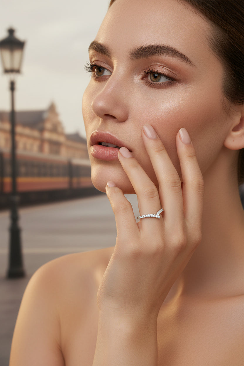 Ring on models finger at the train station 