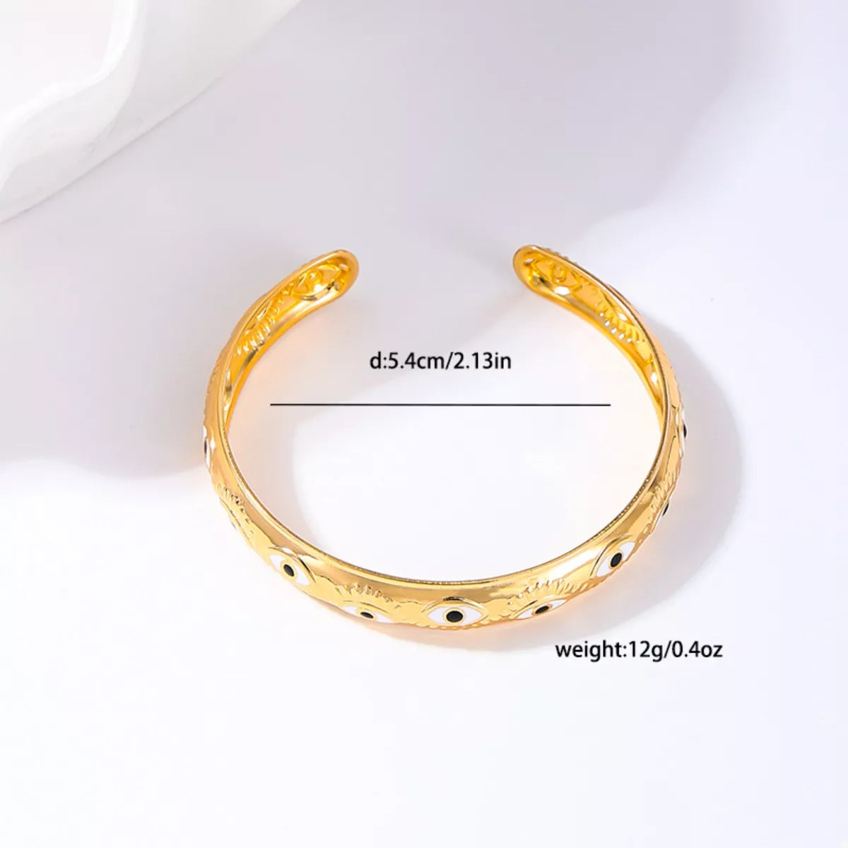 Evil Eye Open Gold Plated Bangle Dimensions View Side - Rebellious Gal