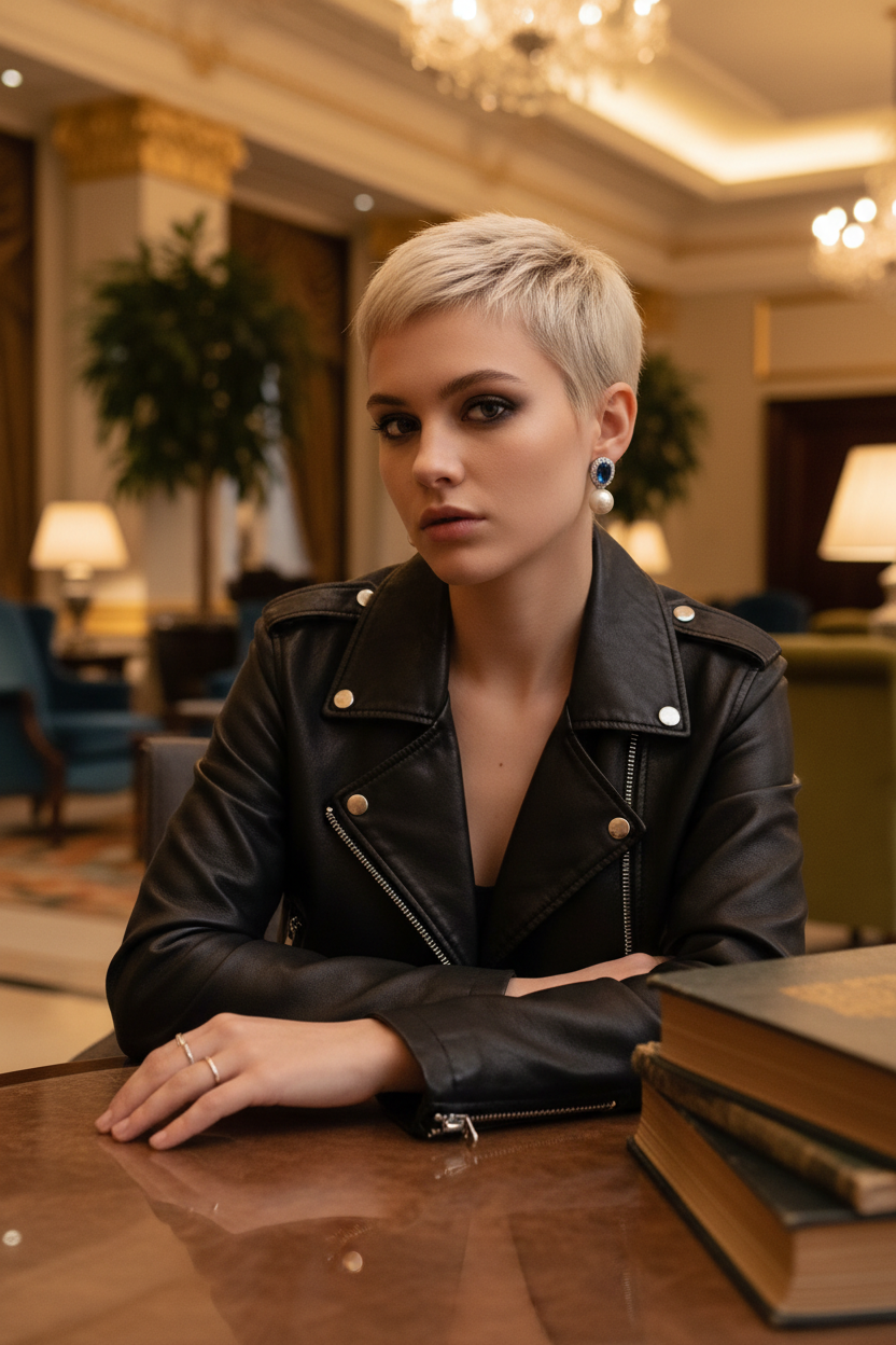 Woman in a black leather jacket sitting at a desk in an elegant room.