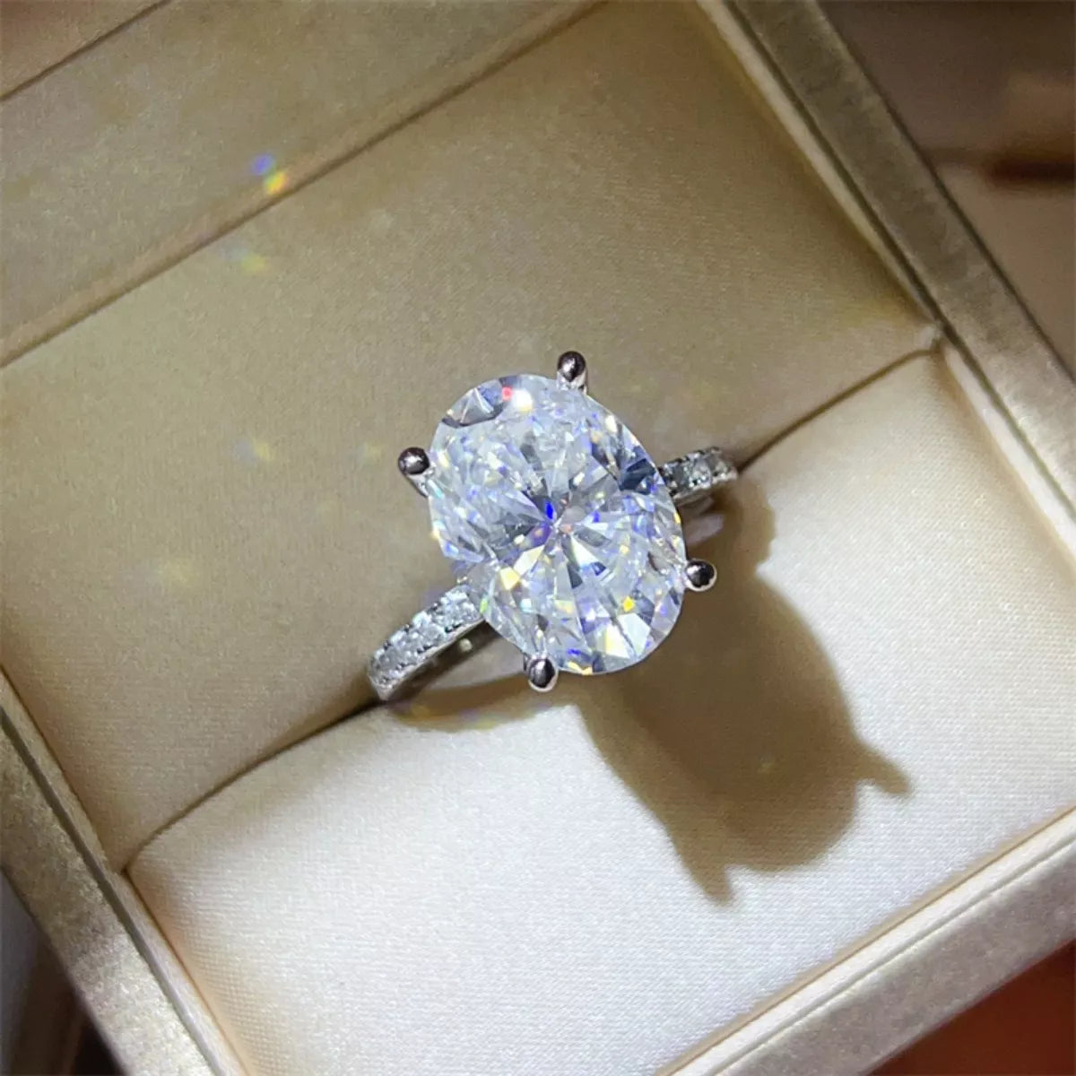 8 carat moissanite ring on model's hand showing massive size and sparkle