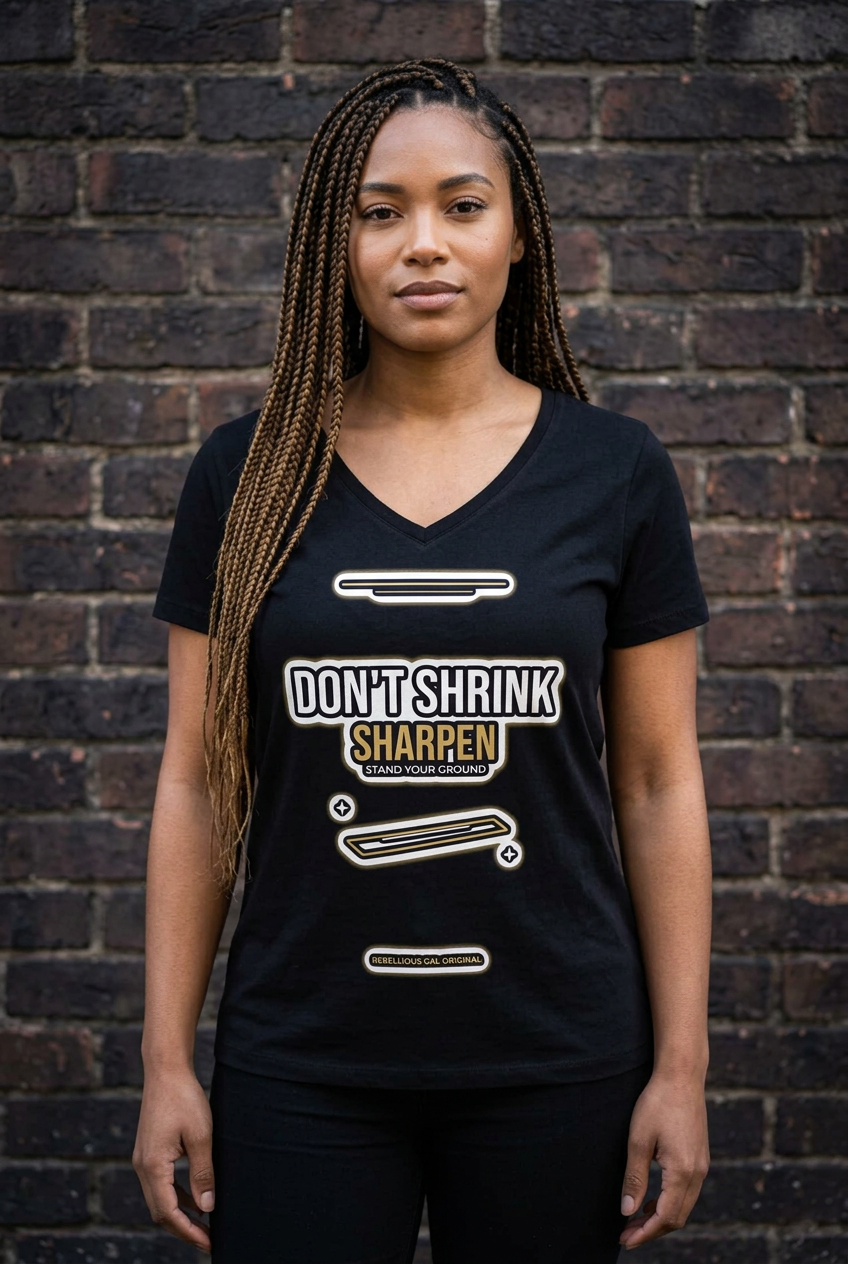 Woman with long braids wearing the black Don't Shrink Sharpen V-neck tee by a brick wall