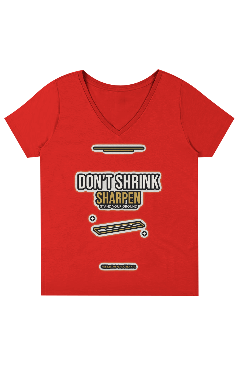 Team red V-neck tee printed with DON'T SHRINK SHARPEN in cream and gold lettering