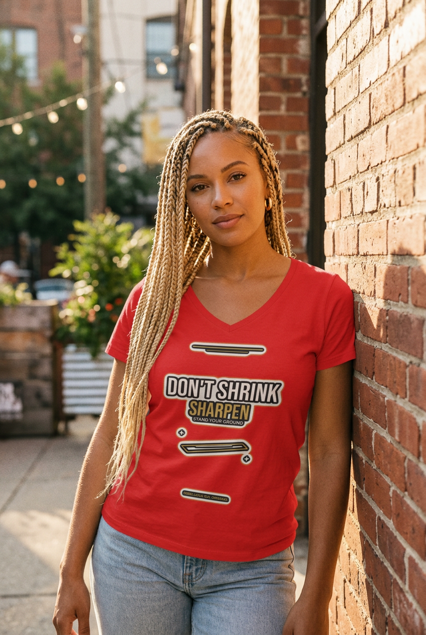 A woman with long blonde braids stands against a brick wall wearing a red V-neck t-shirt with a graphic that reads 'DON'T SHRINK SHARREN' and light-wash jeans.