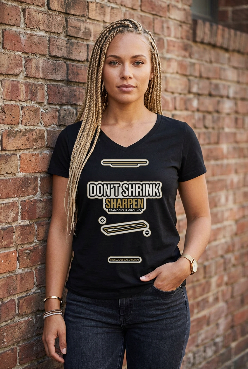A woman with long blonde braids stands against a red brick wall wearing a black V-neck graphic t-shirt with the text 'DON'T SHRINK SHARPEN' and skateboard graphics, paired with dark blue jeans.