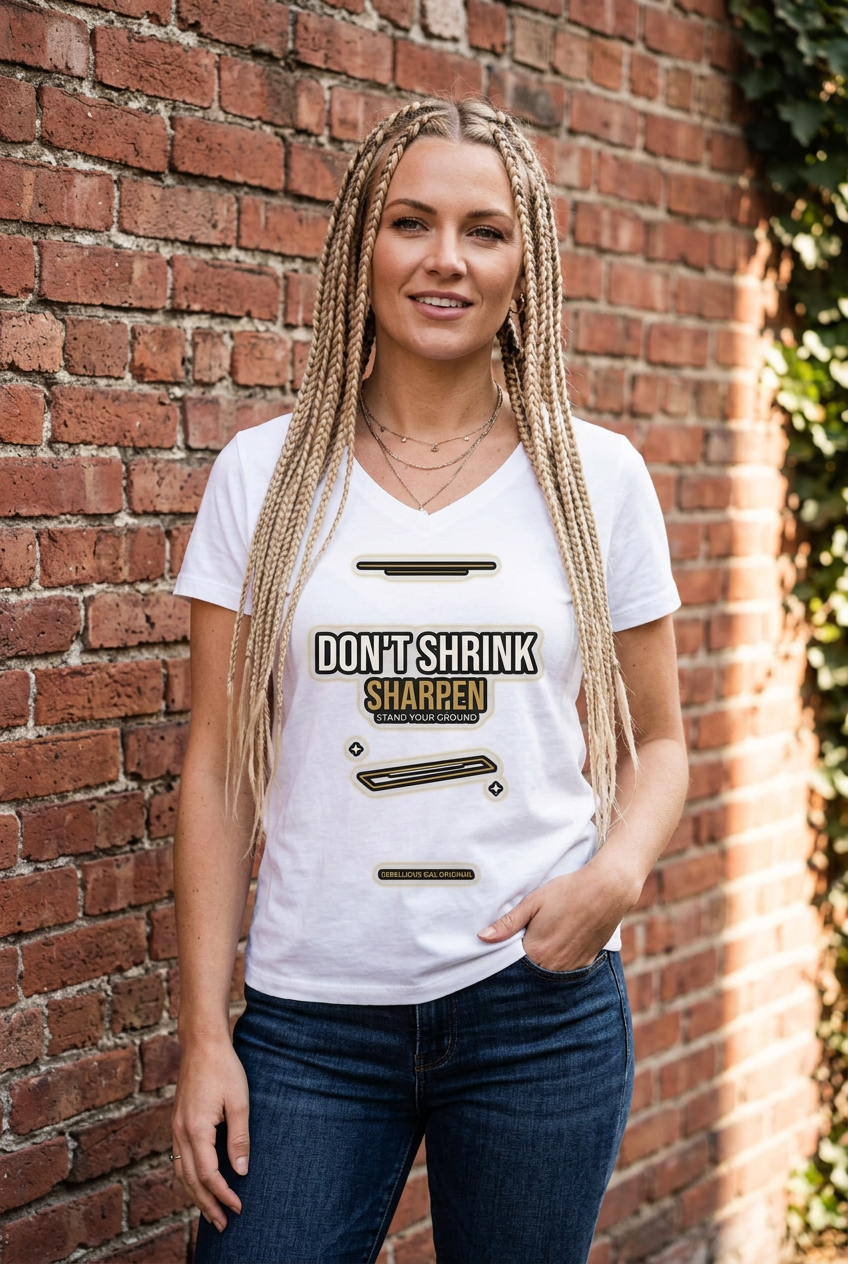 A woman with long blonde braids stands against a red brick wall wearing a white graphic t-shirt that reads 'DON'T SHRINK SHARREN' with metallic gold and black details, paired with dark blue jeans.