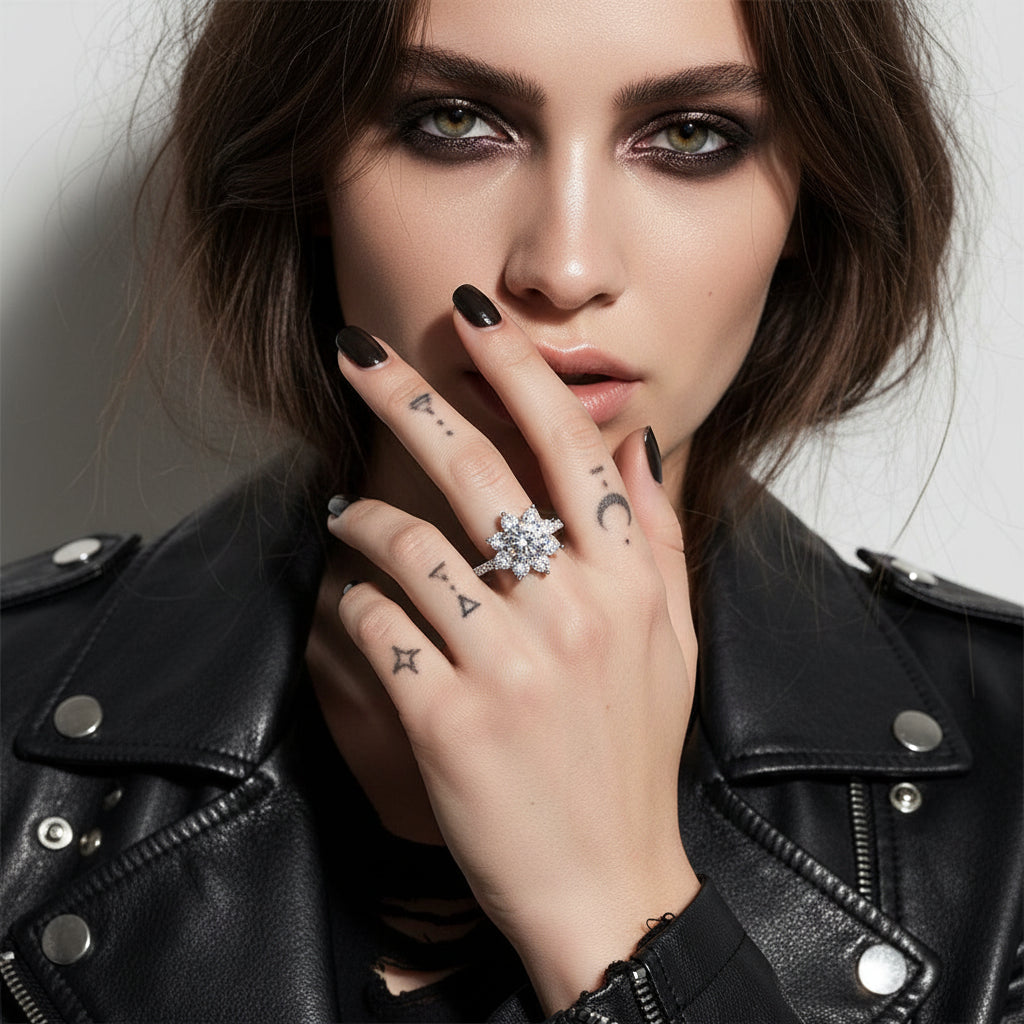 Silver ring with a diamond on rebellious looking model