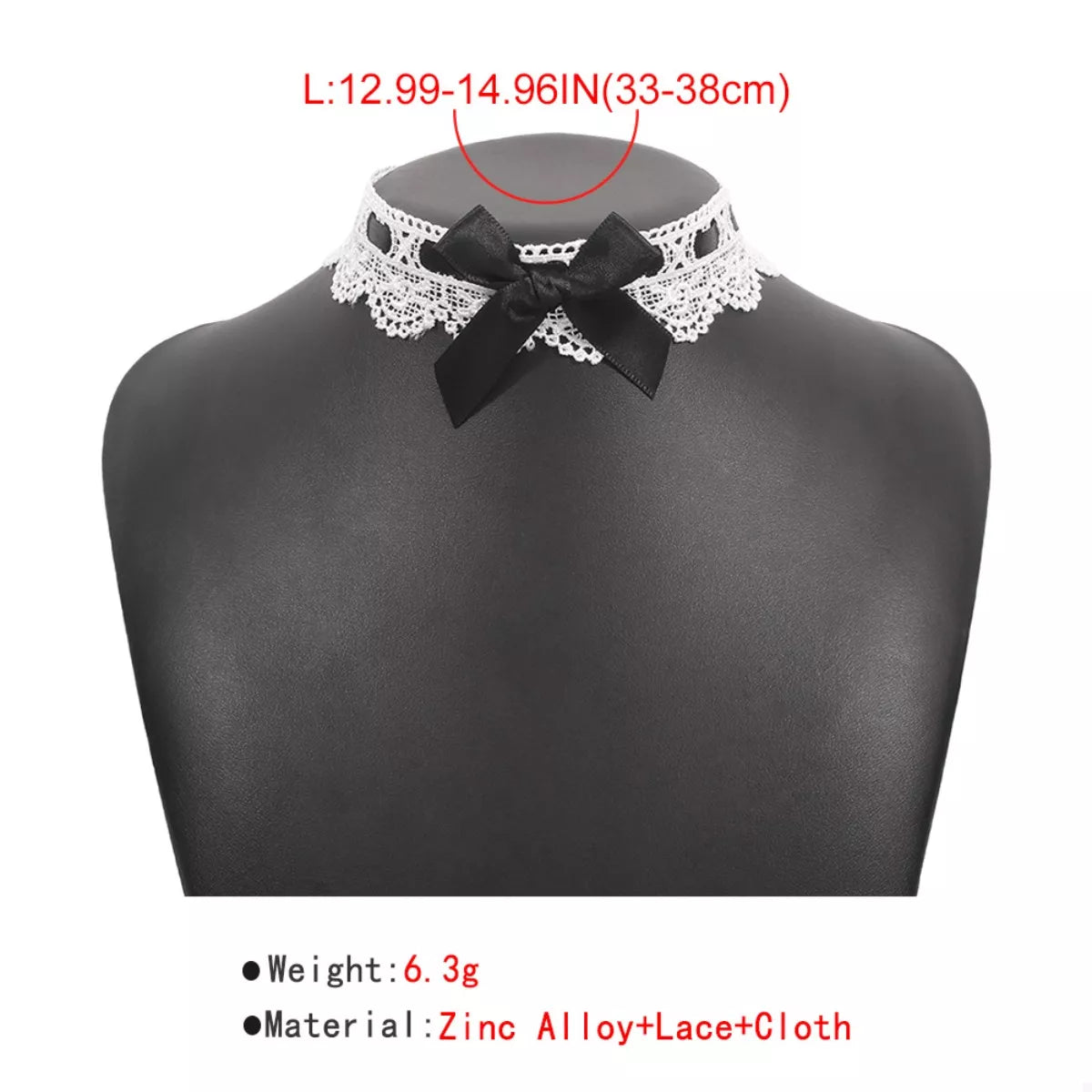 Lace Black Bow Tie - Black and White Choker Necklace Dimensions - Rebellious Gal