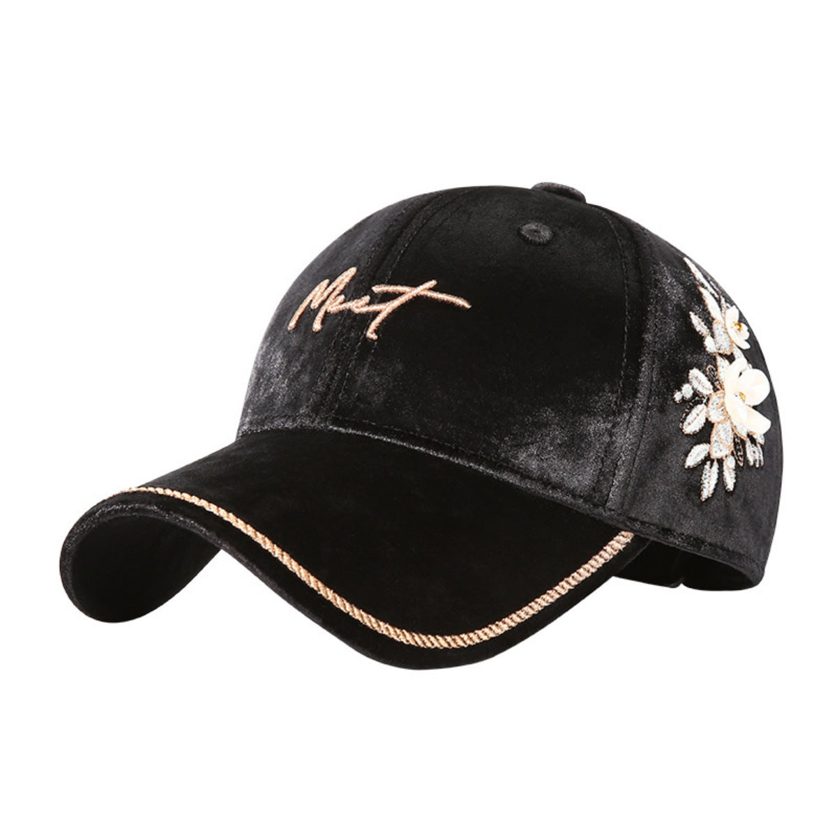 Rebellious Gal velvet baseball cap with floral embellishments front view on white background