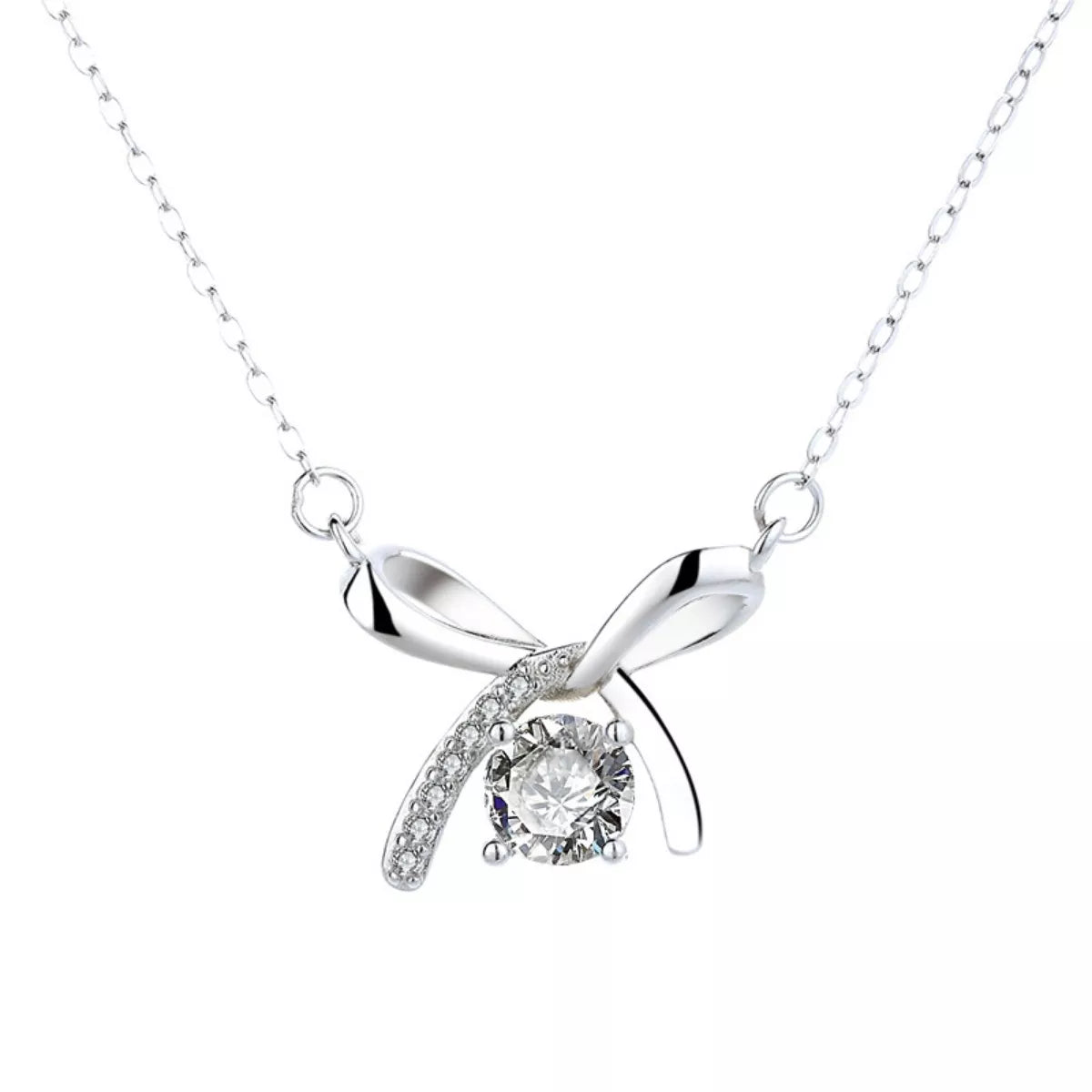 Rebellious Gal 925 sterling silver zircon ribbon pendant necklace front view on white background