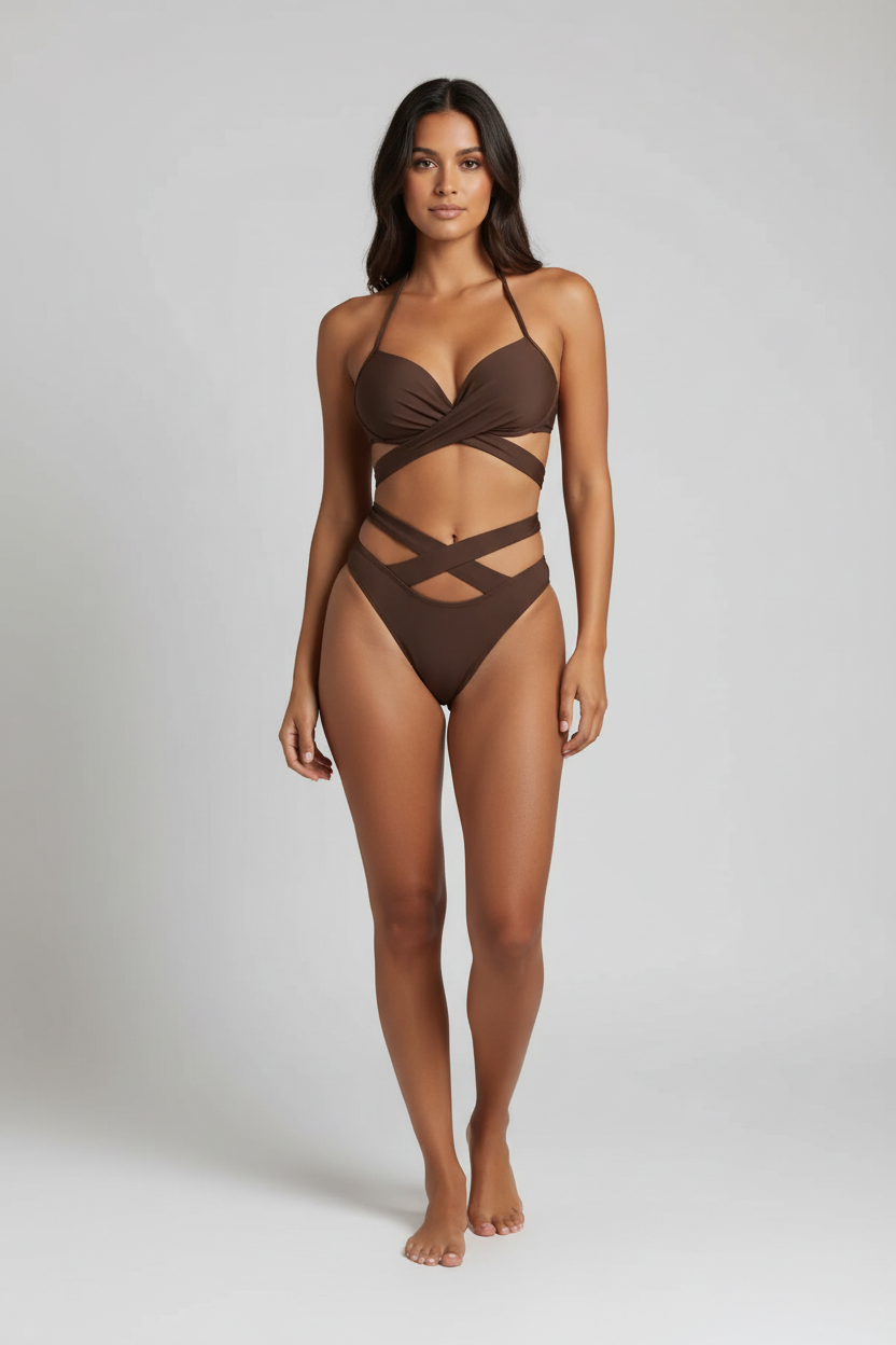 Chocolate brown halter bikini with wrapped crisscross midriff straps, model striding barefoot forward