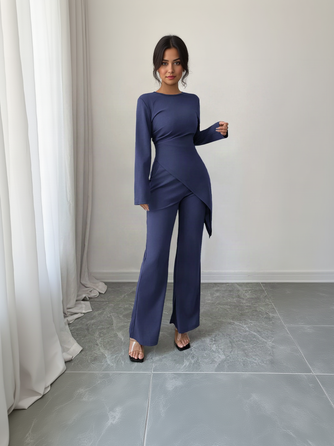 Asymmetric Long Sleeve Top and Pants Set