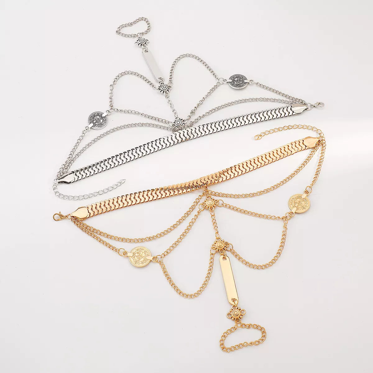 Imported 18K gold plated layered chain bracelet with finger ring design detail