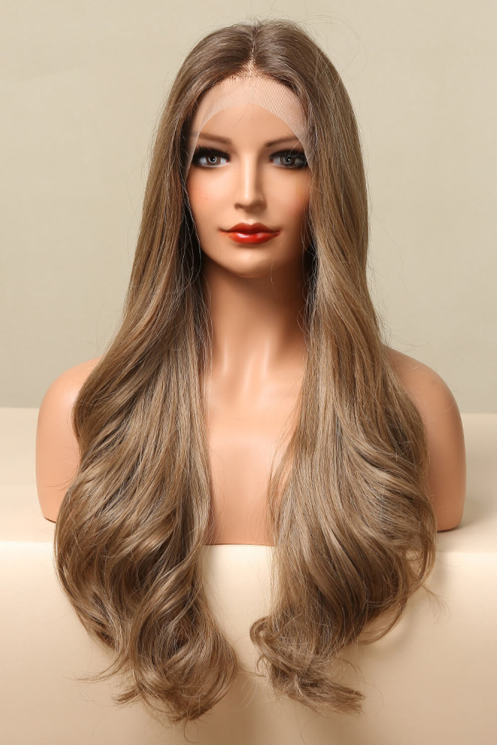 Rebellious Gal 26 inch golden brown long wavy lace front wig synthetic 13x2 on studio white backgroun