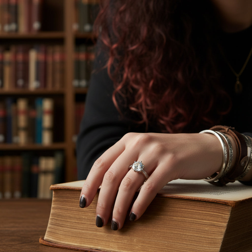 Close-up texture of 925 sterling silver band and secure moissanite setting