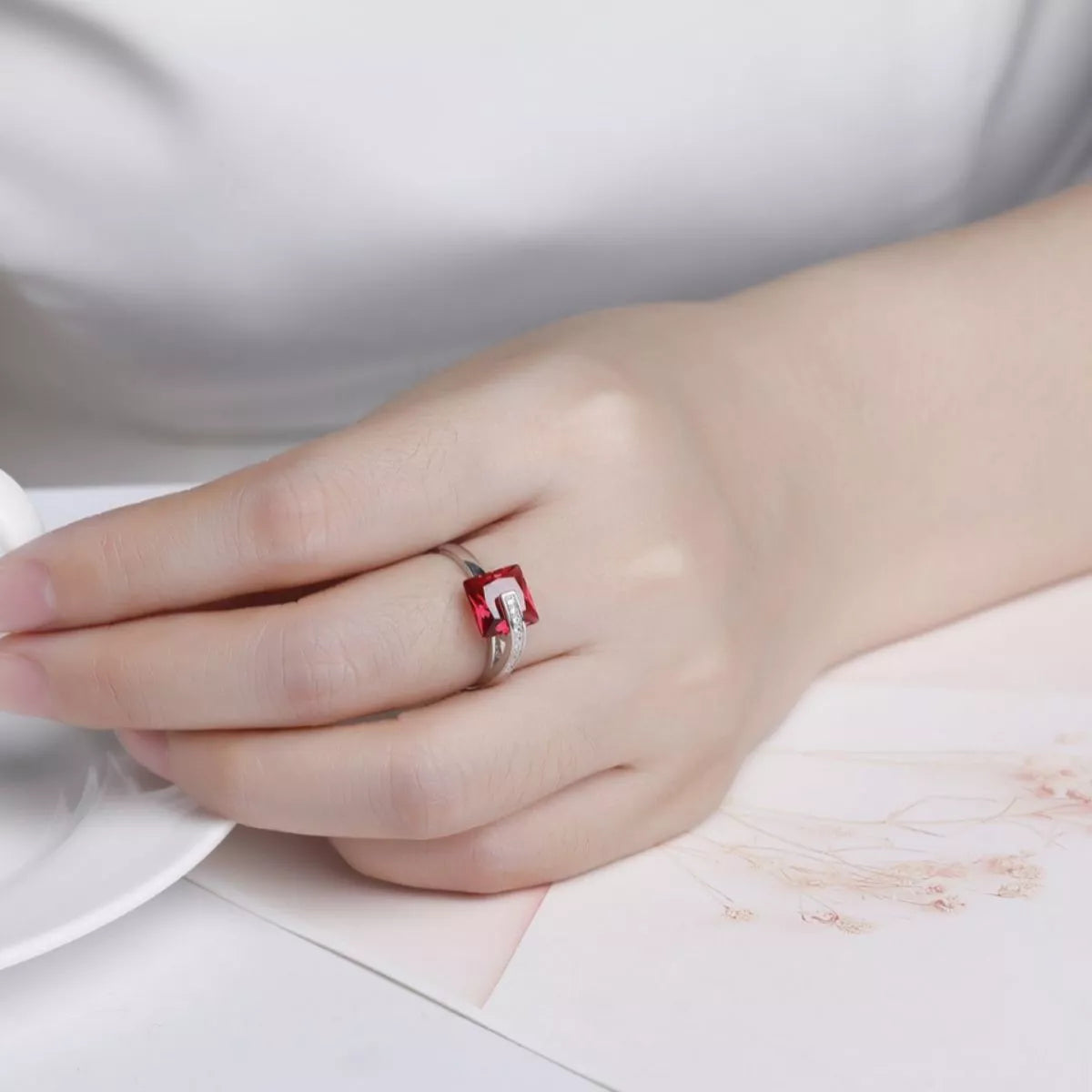 Square zircon ring platinum plated 925 silver Rebellious Gal side profile on hand mannequin