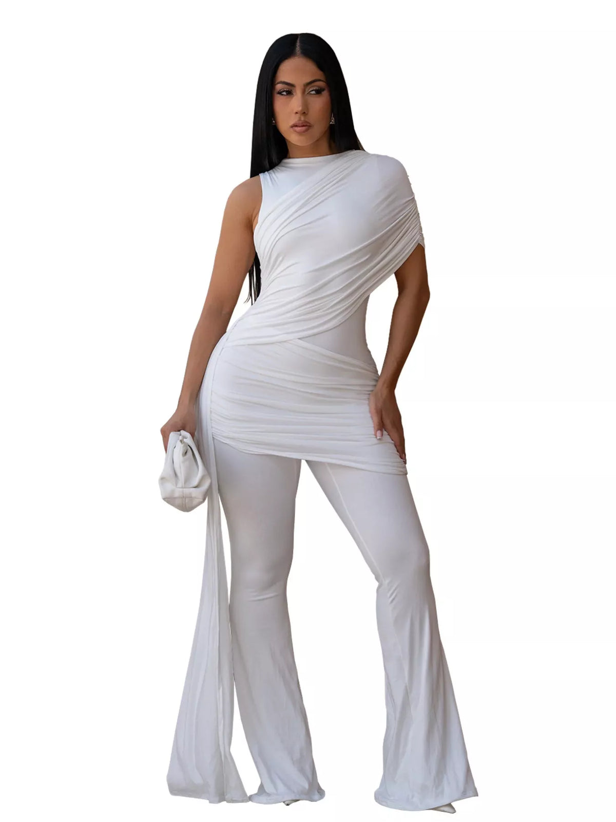 Woman wearing a white outfit on a white background