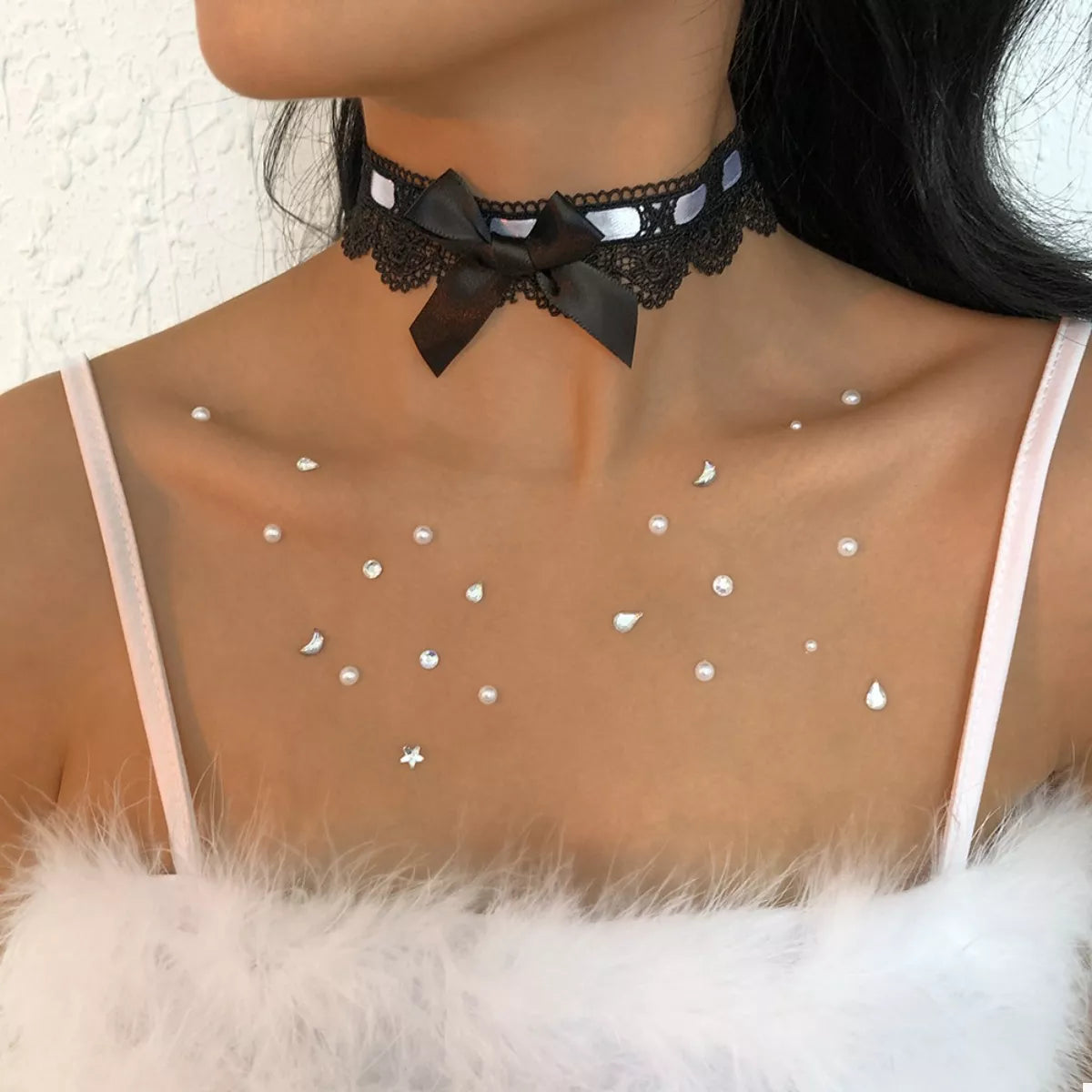 Lace Black Bow Tie - Black and White Choker Necklace Front View Model - Rebellious Gal