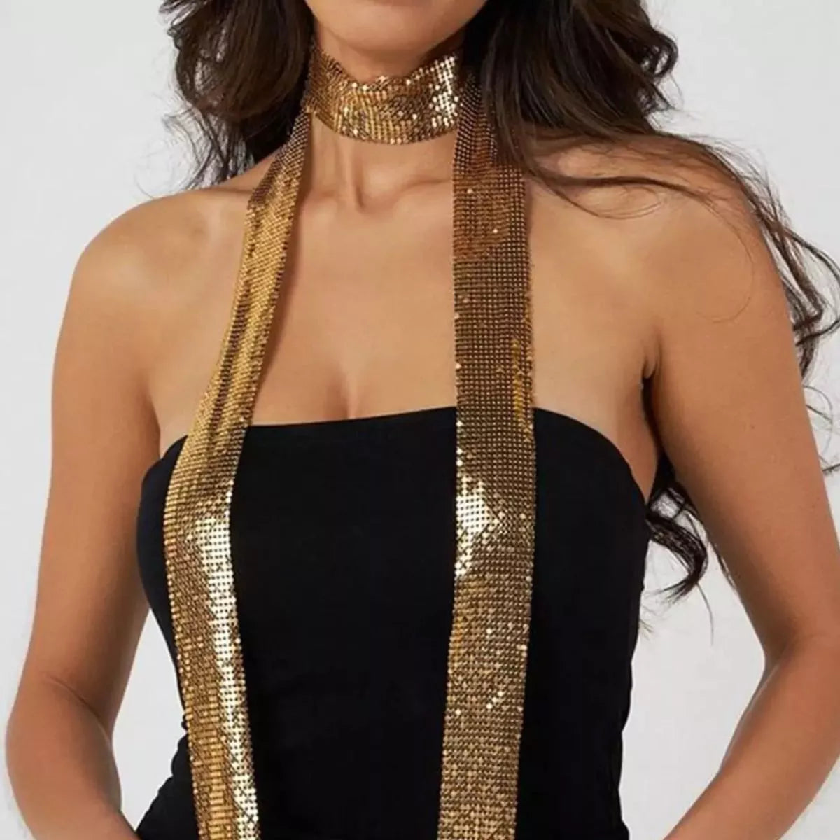 Rebellious Gal sequin scarf draped over shoulders