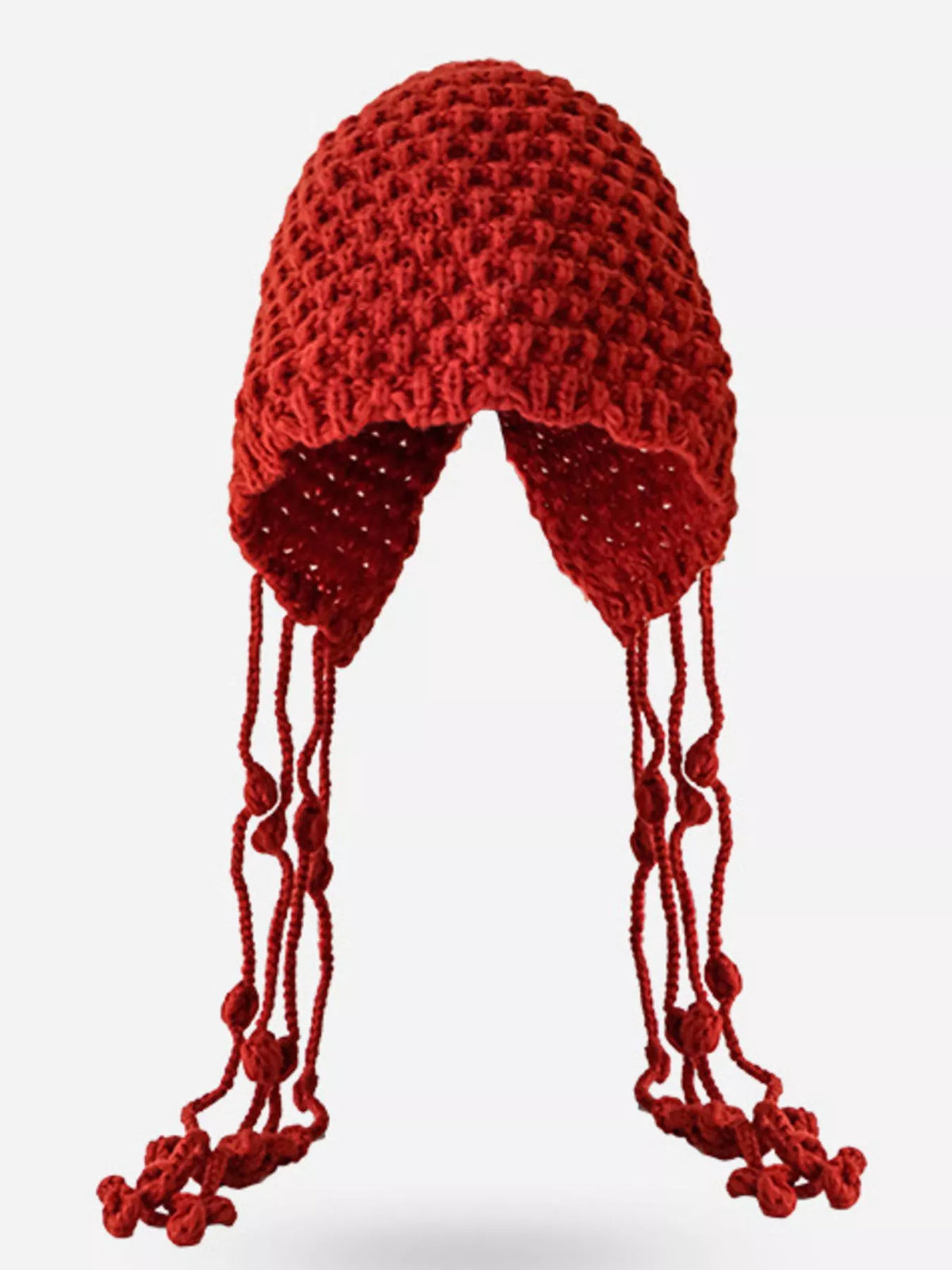 Close-up fringe details on knitted beanie hat soft plush knit sway