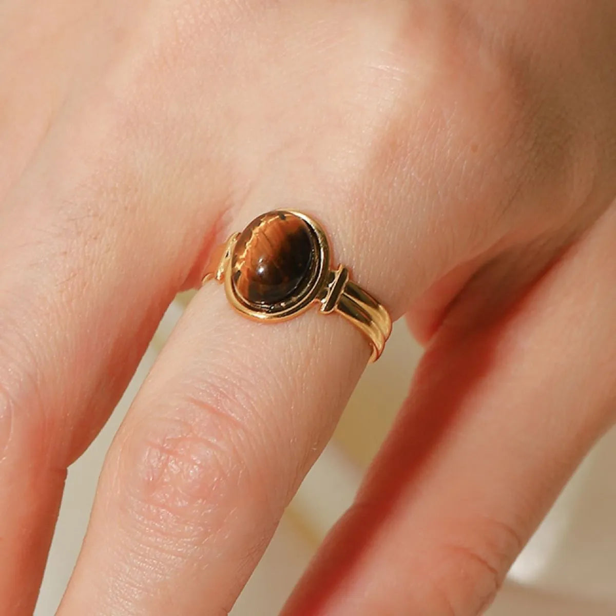 Bold vintage style tiger's eye ring gold plated for stacking jewelry