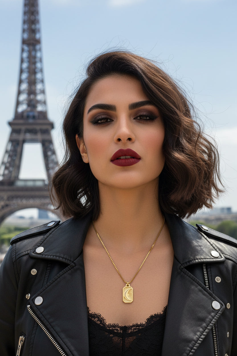 Gold necklace with a pendant on a model in paris
