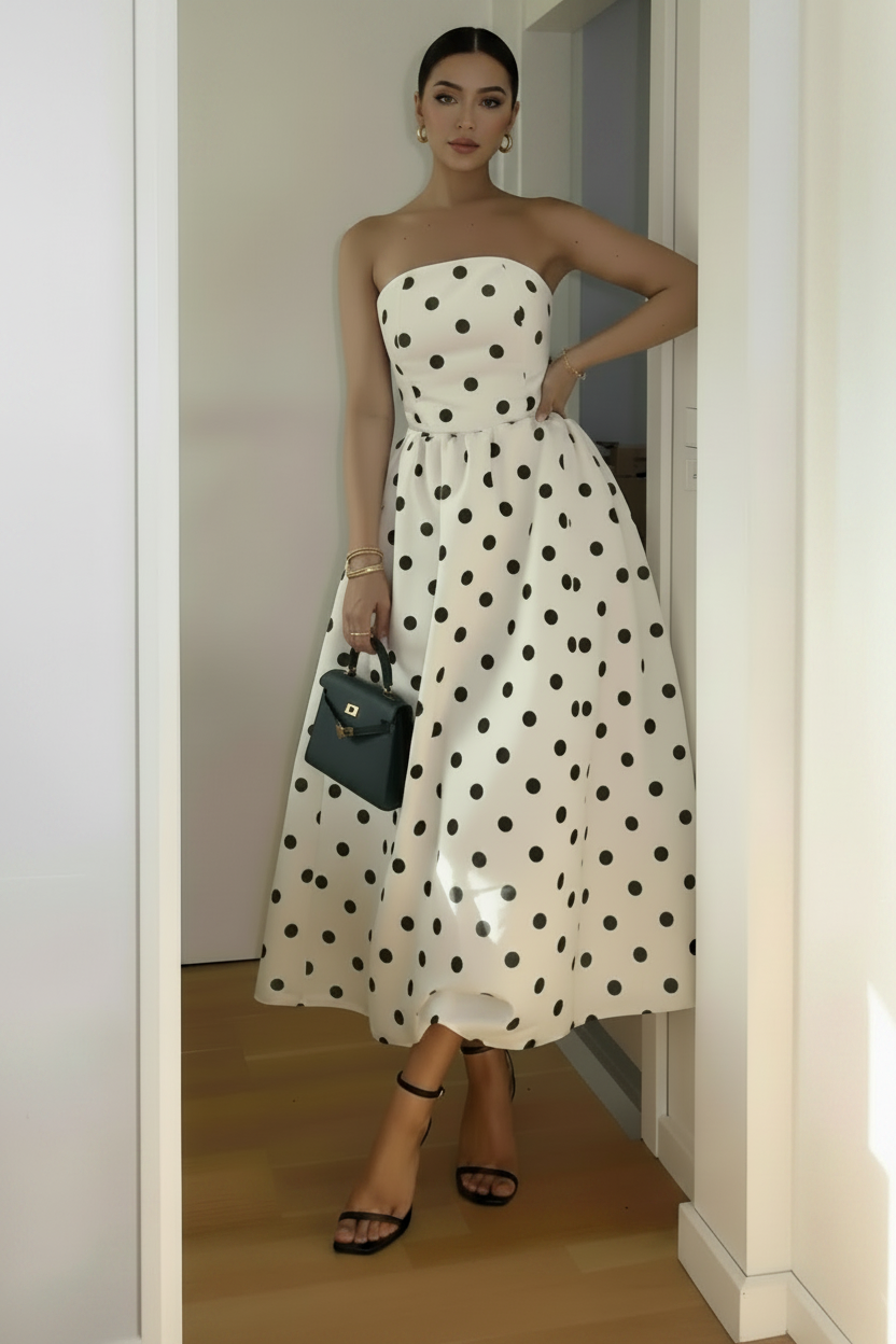 Woman wearing a strapless polka dot dress holding a black handbag indoors.