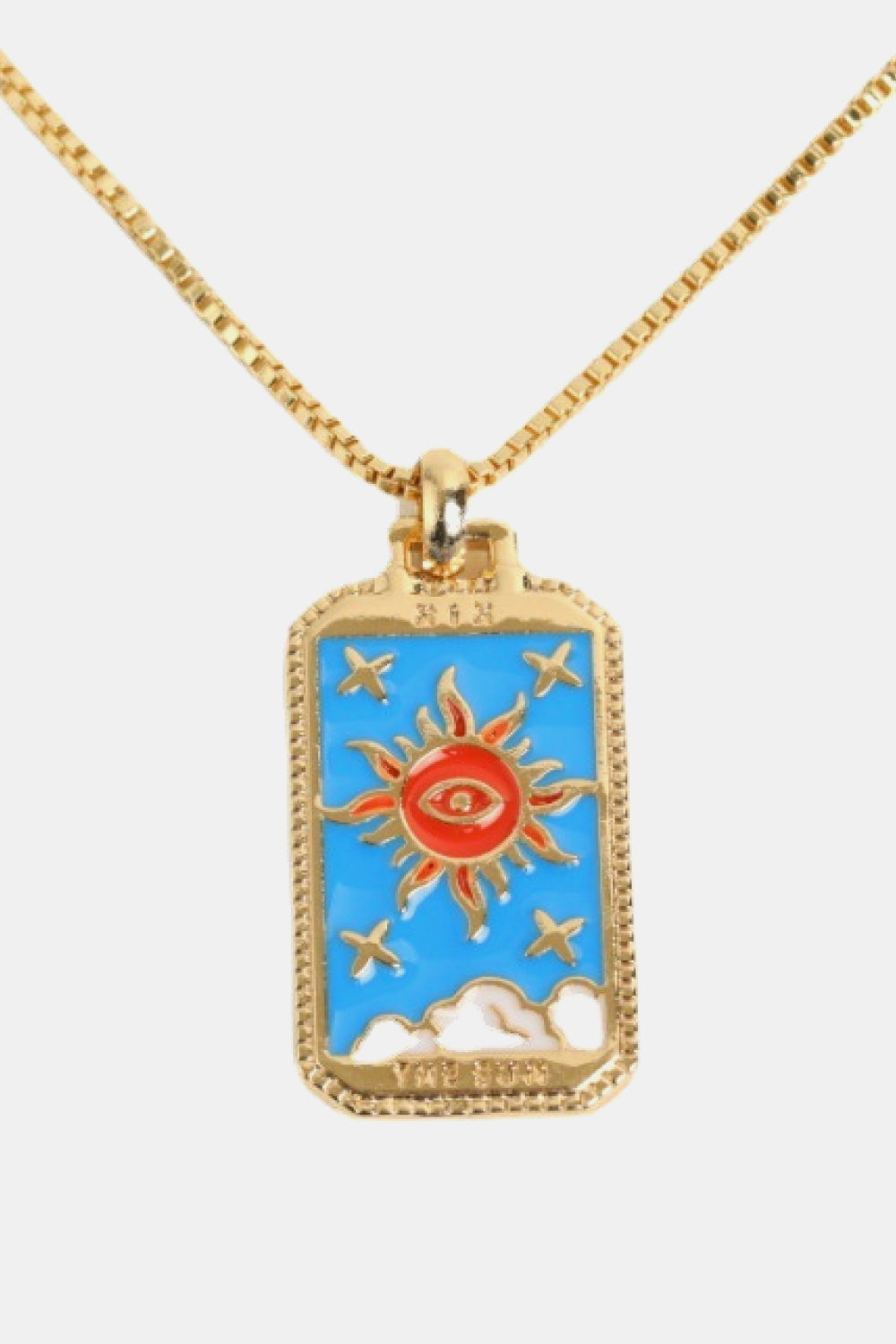 Gold necklace with a rectangular pendant featuring a sun design on a white background