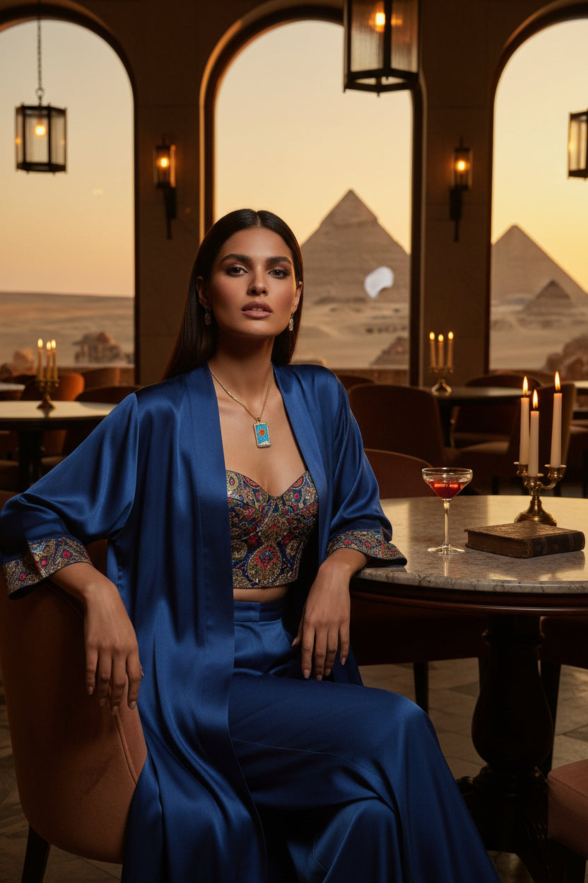 Gold necklace with a rectangular pendant featuring a sun design model in egypt