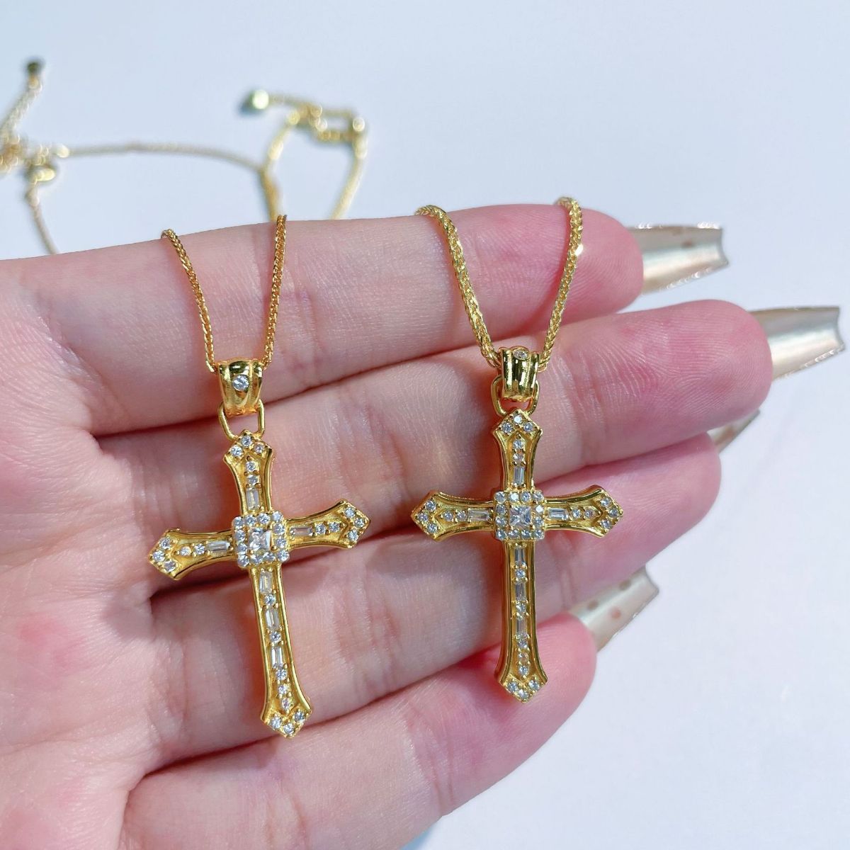 Dainty cross pendant necklace side profile showing chain and zircon detail model display