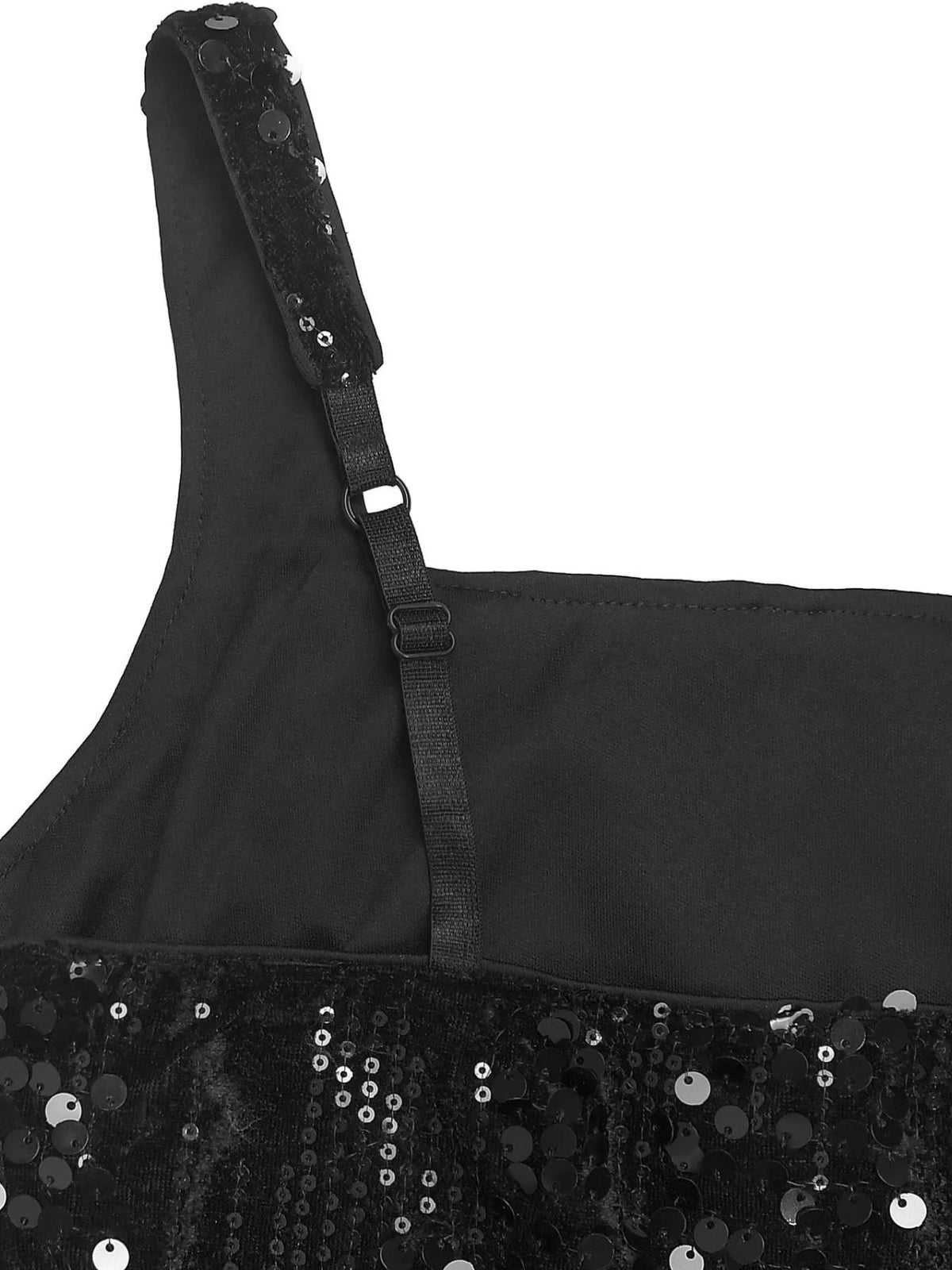 Black sequin top with a strap on a white background